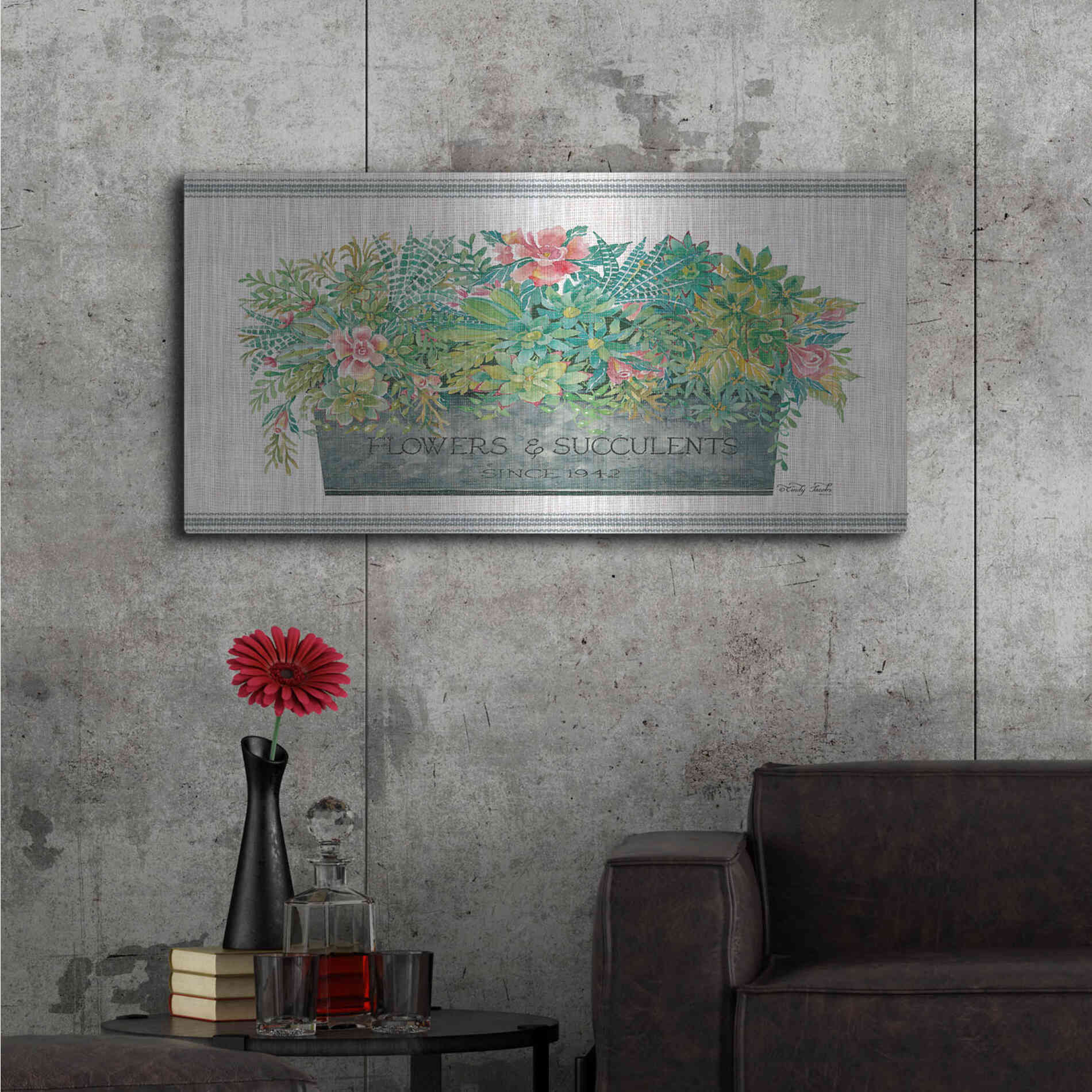 Luxe Metal Art 'Flowers & Succulents' by Cindy Jacobs, Metal Wall Art,48x24