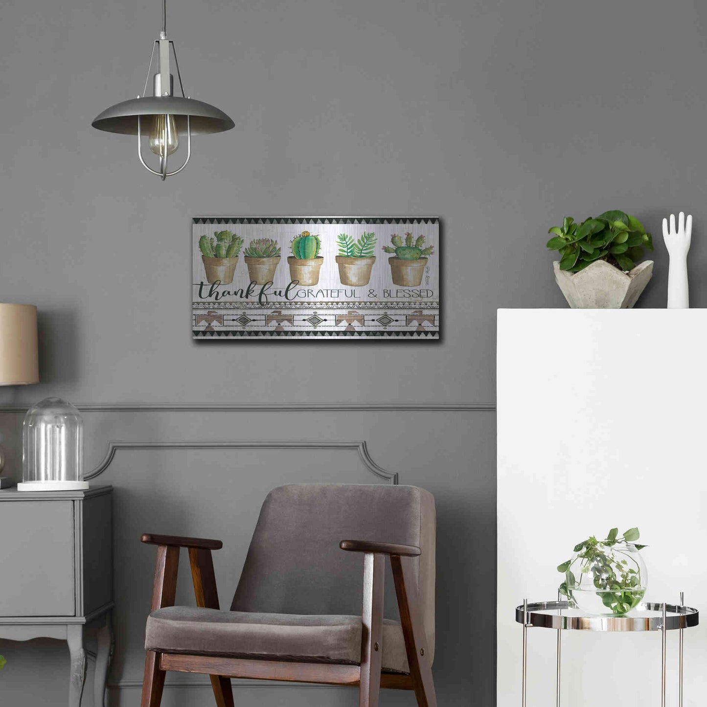 Luxe Metal Art 'Native Thankful Grateful' by Cindy Jacobs, Metal Wall Art,24x12