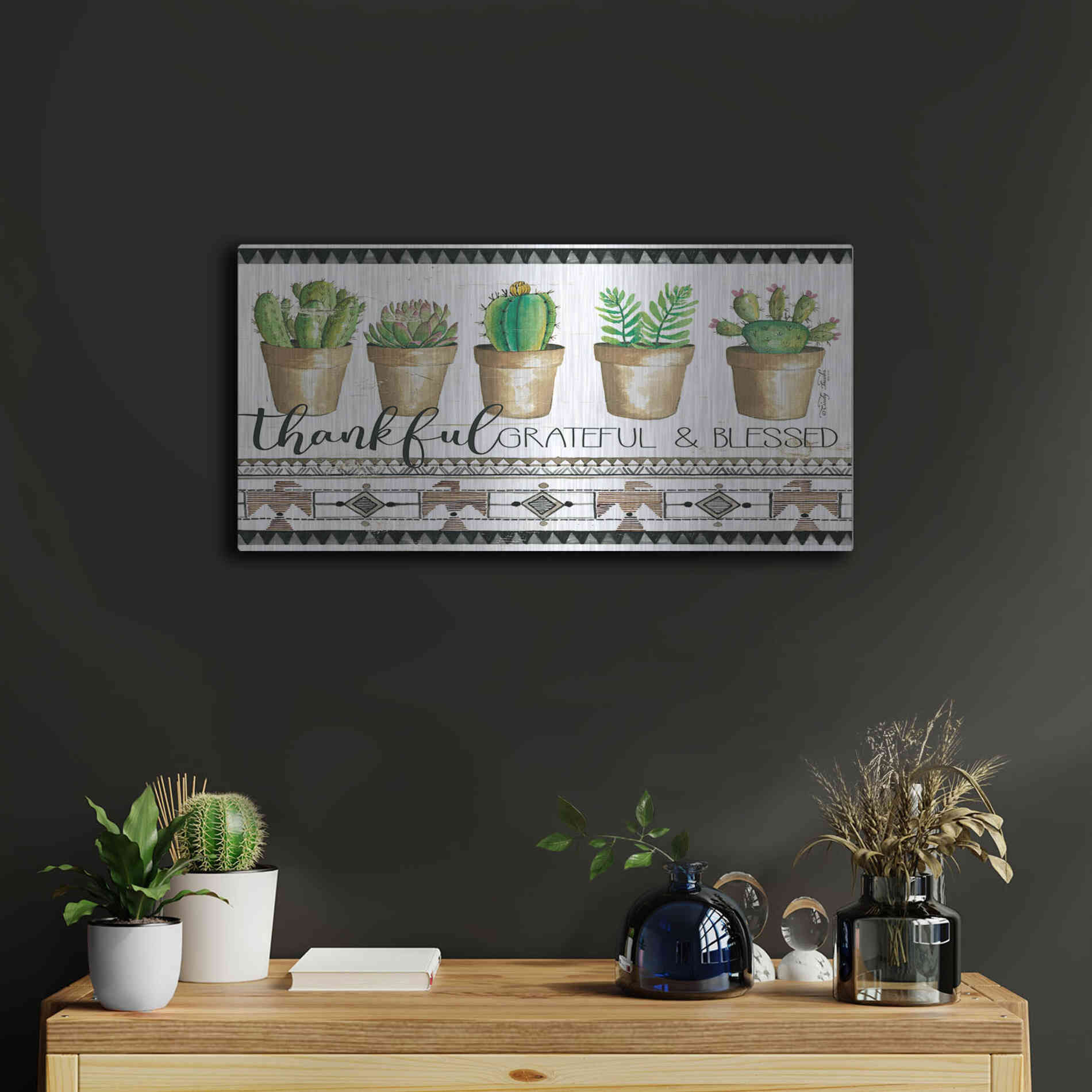 Luxe Metal Art 'Native Thankful Grateful' by Cindy Jacobs, Metal Wall Art,24x12