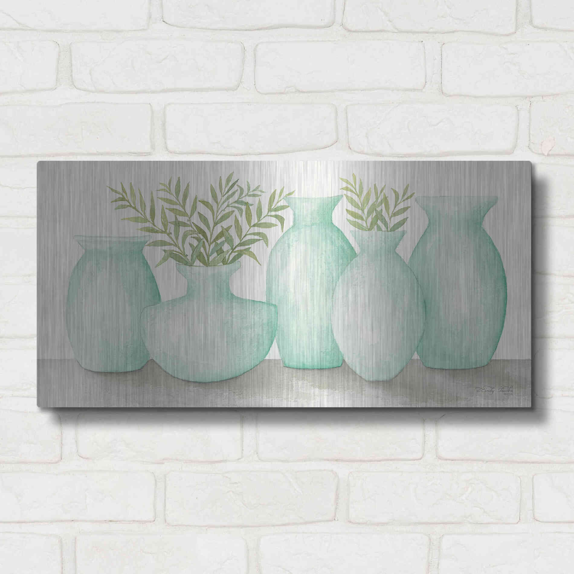 Luxe Metal Art 'Mint Vases' by Cindy Jacobs, Metal Wall Art,24x12