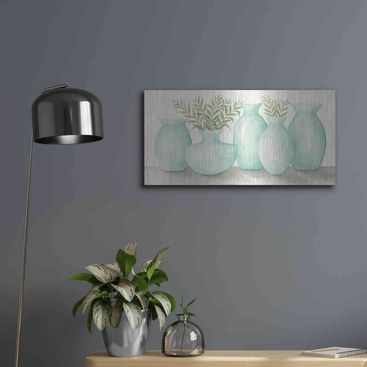 Luxe Metal Art 'Mint Vases' by Cindy Jacobs, Metal Wall Art,24x12