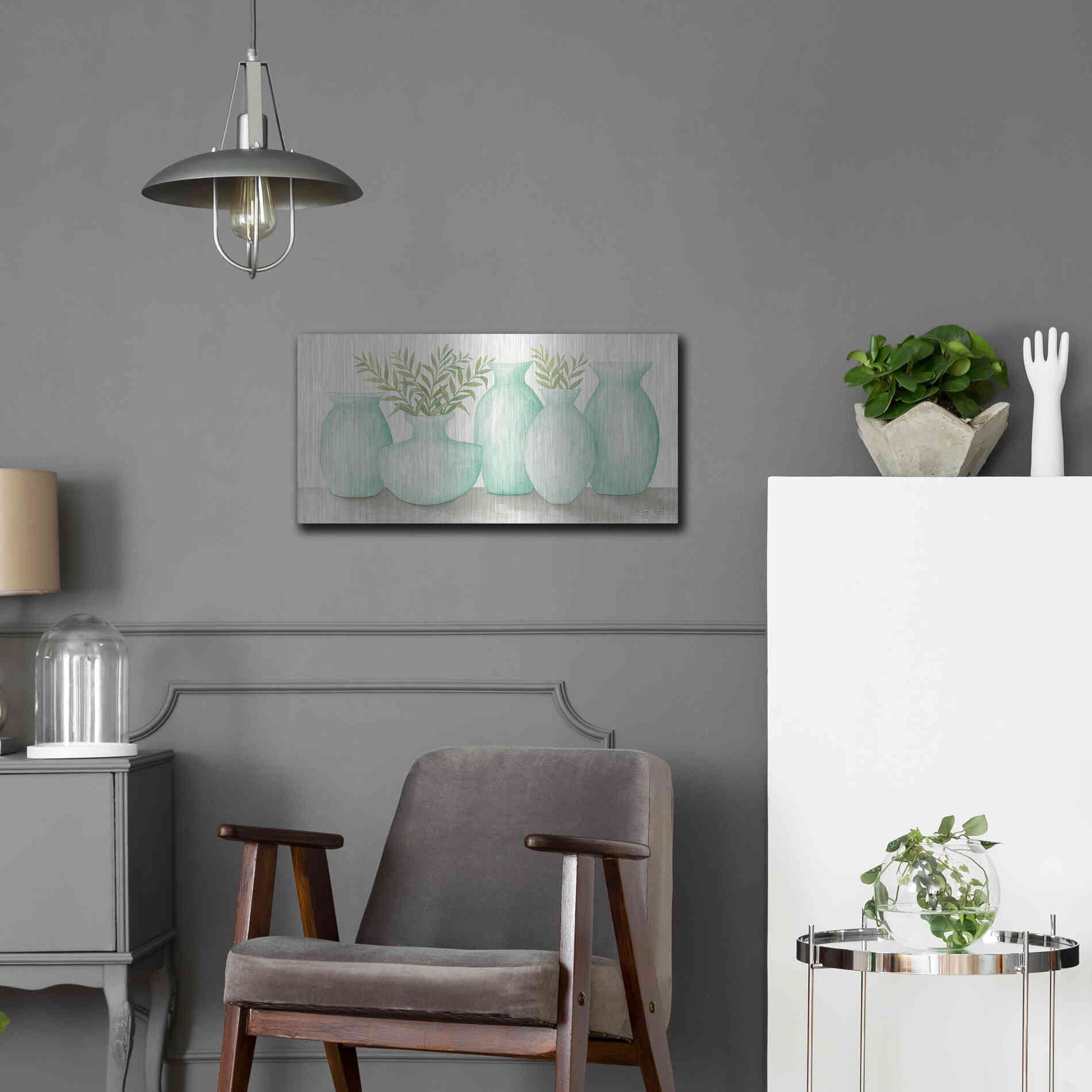 Luxe Metal Art 'Mint Vases' by Cindy Jacobs, Metal Wall Art,24x12