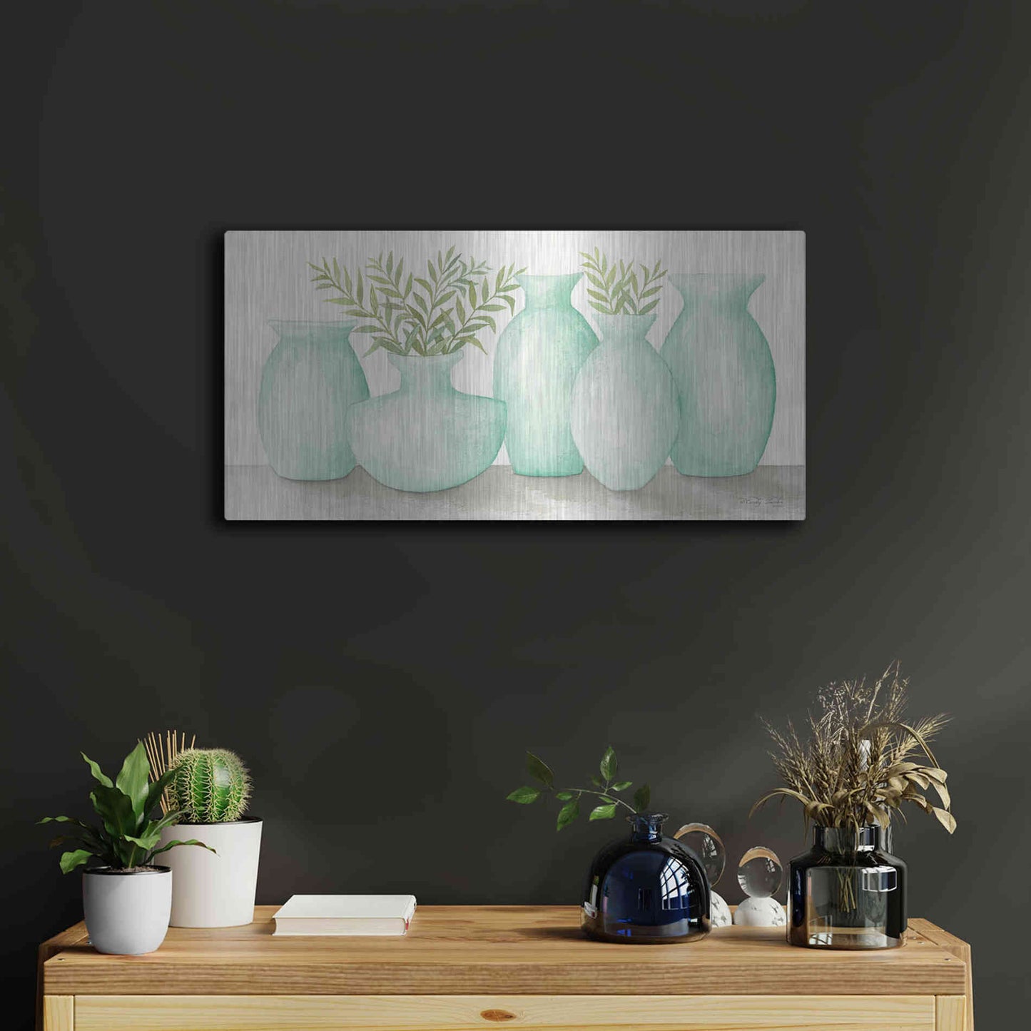 Luxe Metal Art 'Mint Vases' by Cindy Jacobs, Metal Wall Art,24x12