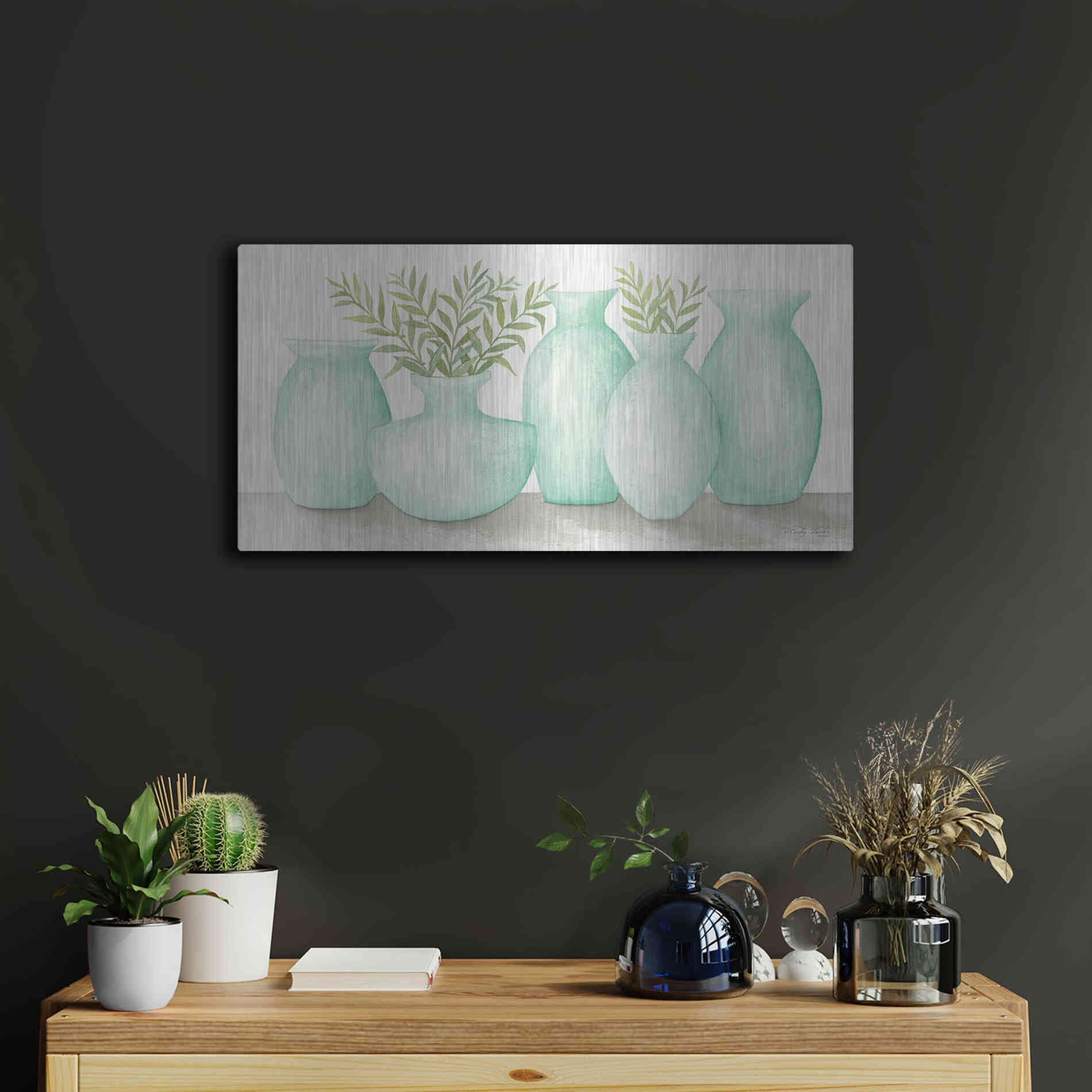 Luxe Metal Art 'Mint Vases' by Cindy Jacobs, Metal Wall Art,24x12