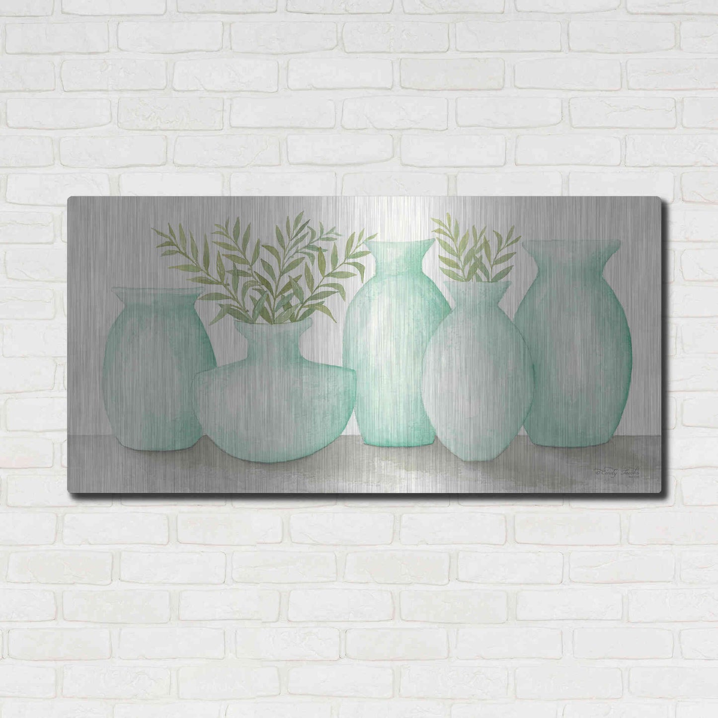 Luxe Metal Art 'Mint Vases' by Cindy Jacobs, Metal Wall Art,48x24