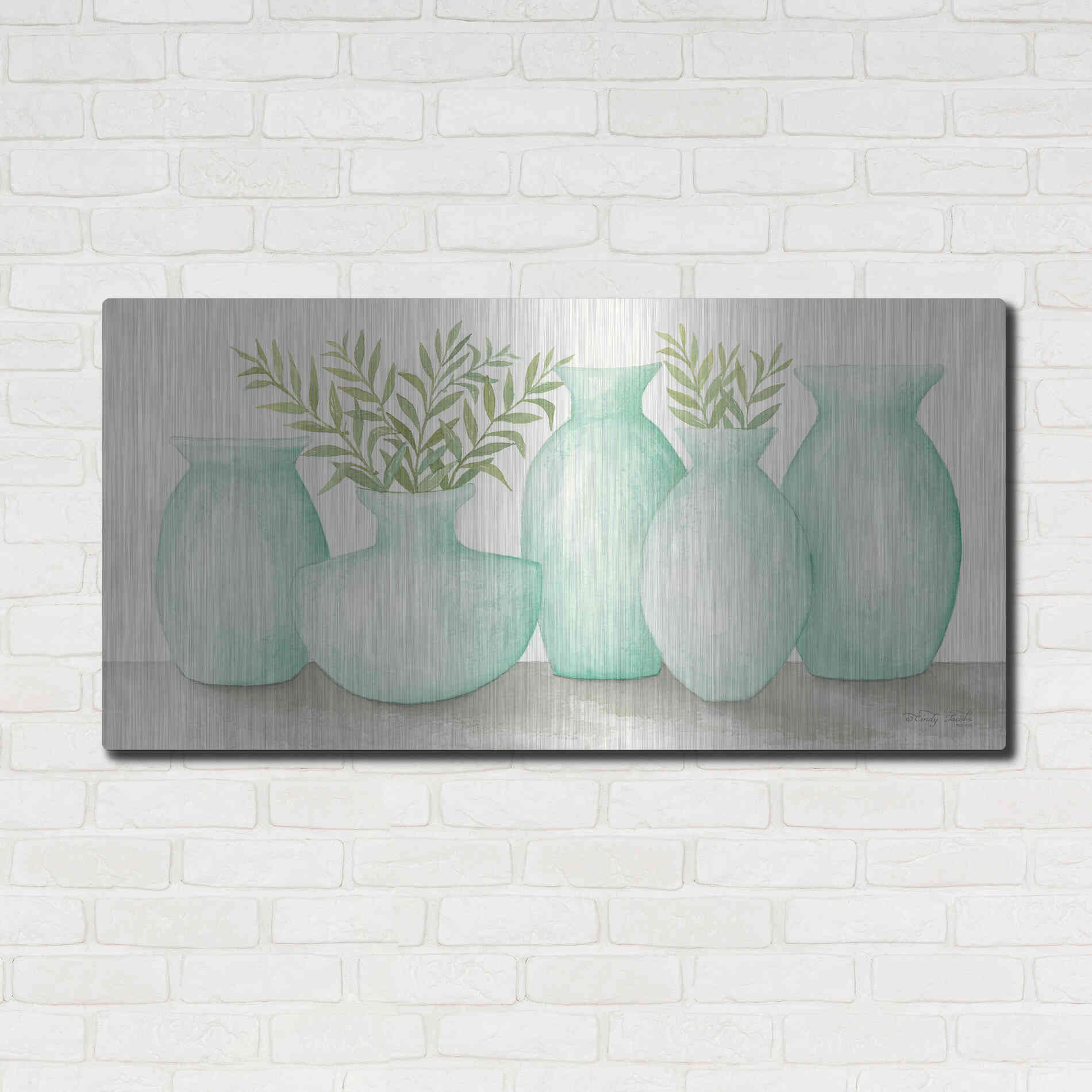 Luxe Metal Art 'Mint Vases' by Cindy Jacobs, Metal Wall Art,48x24