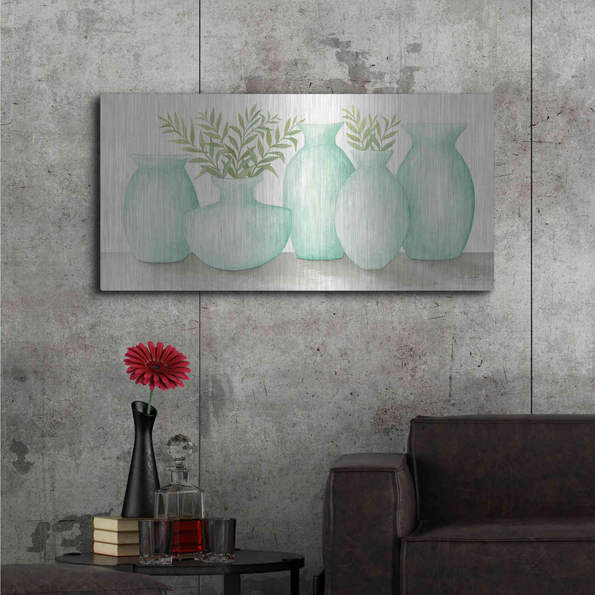 Luxe Metal Art 'Mint Vases' by Cindy Jacobs, Metal Wall Art,48x24