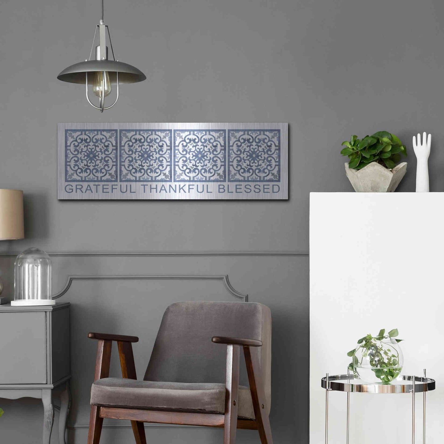 Luxe Metal Art 'Grateful, Thankful, Blessed Pattern' by Cindy Jacobs, Metal Wall Art,36x12