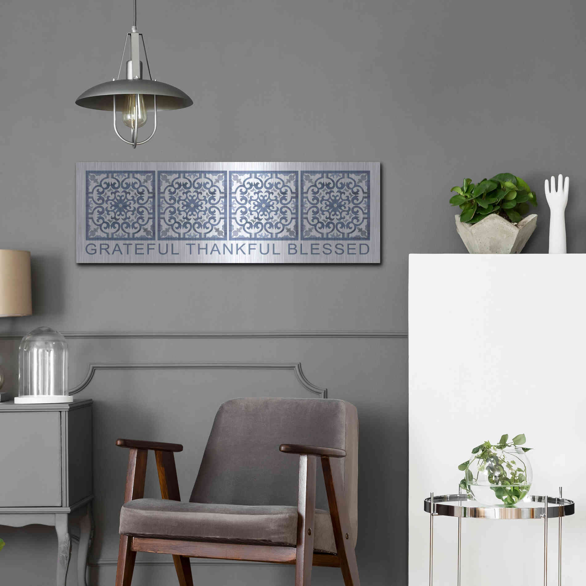 Luxe Metal Art 'Grateful, Thankful, Blessed Pattern' by Cindy Jacobs, Metal Wall Art,36x12