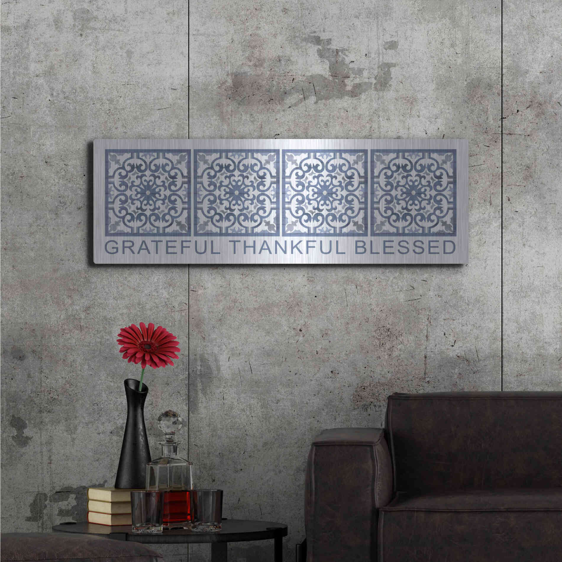 Luxe Metal Art 'Grateful, Thankful, Blessed Pattern' by Cindy Jacobs, Metal Wall Art,48x16