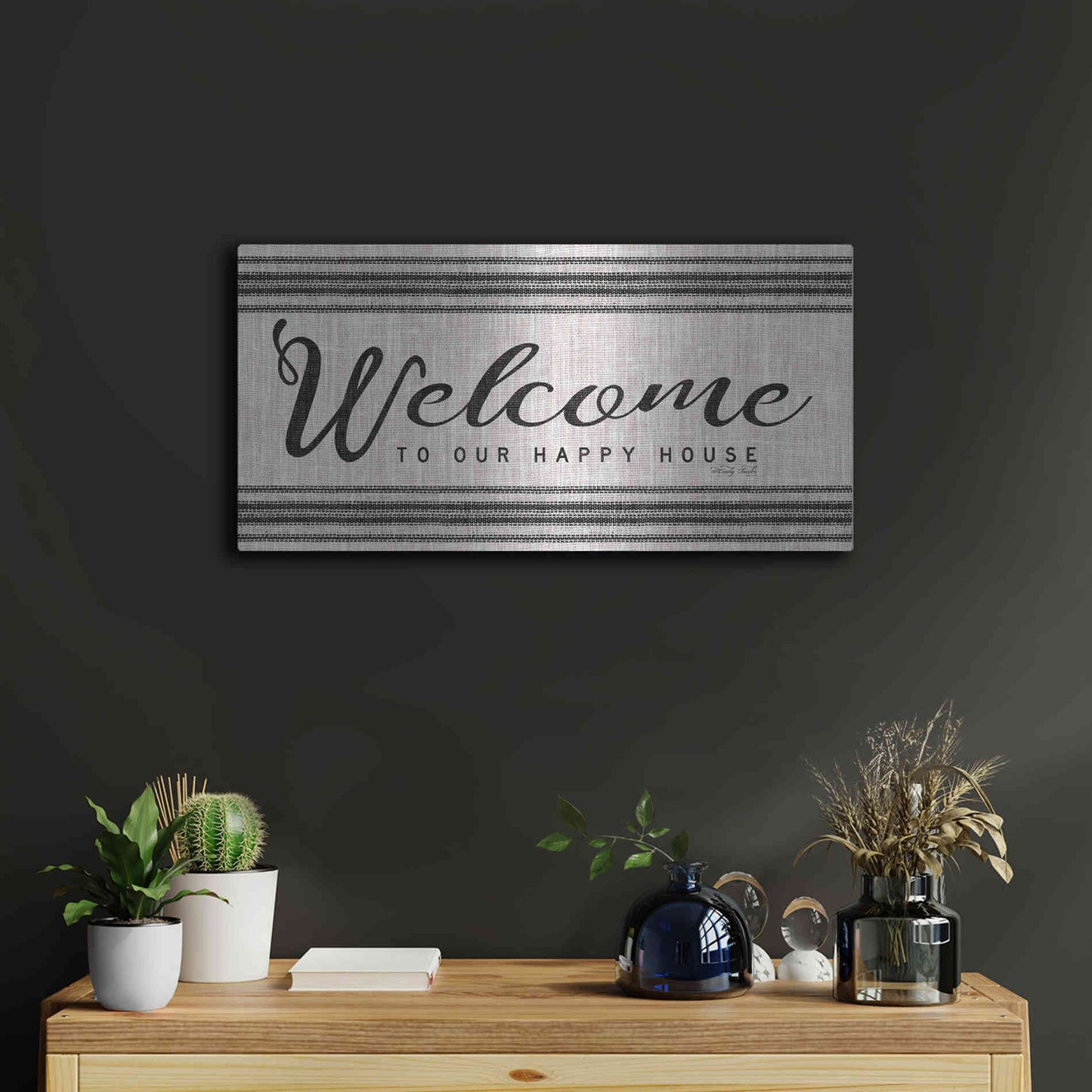 Luxe Metal Art 'Welcome to Our Happy Place' by Cindy Jacobs, Metal Wall Art,24x12