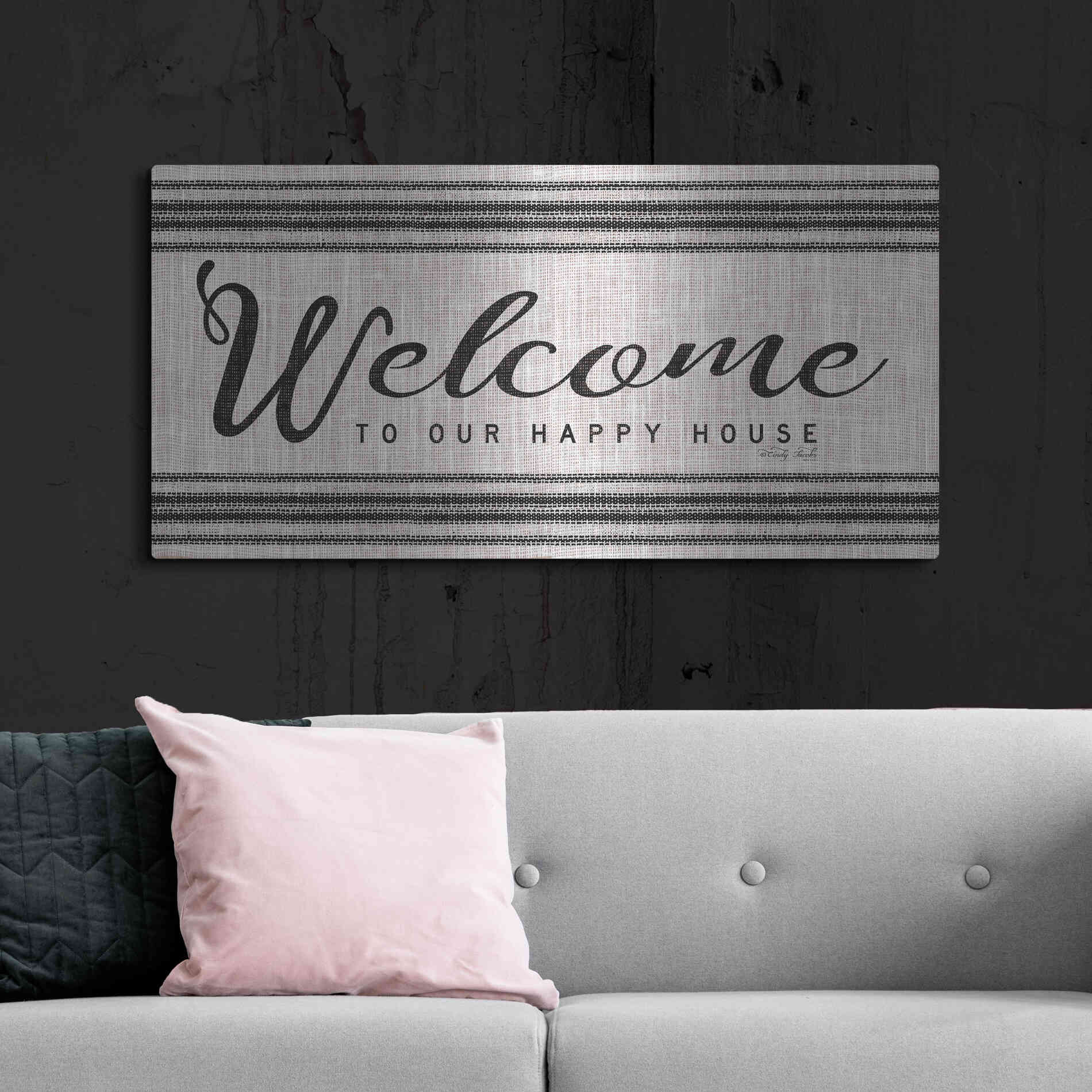 Luxe Metal Art 'Welcome to Our Happy Place' by Cindy Jacobs, Metal Wall Art,48x24
