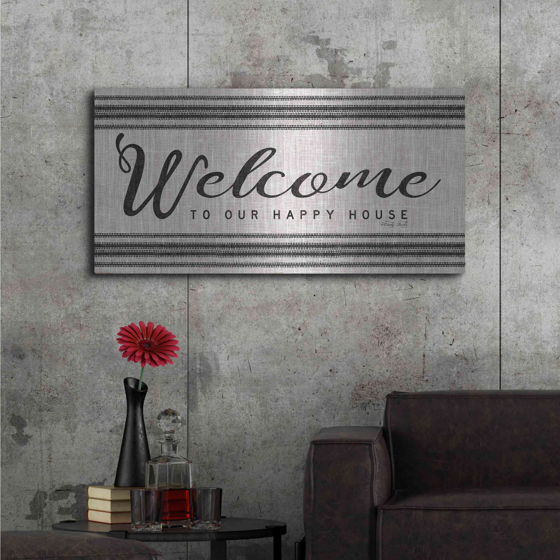 Luxe Metal Art 'Welcome to Our Happy Place' by Cindy Jacobs, Metal Wall Art,48x24