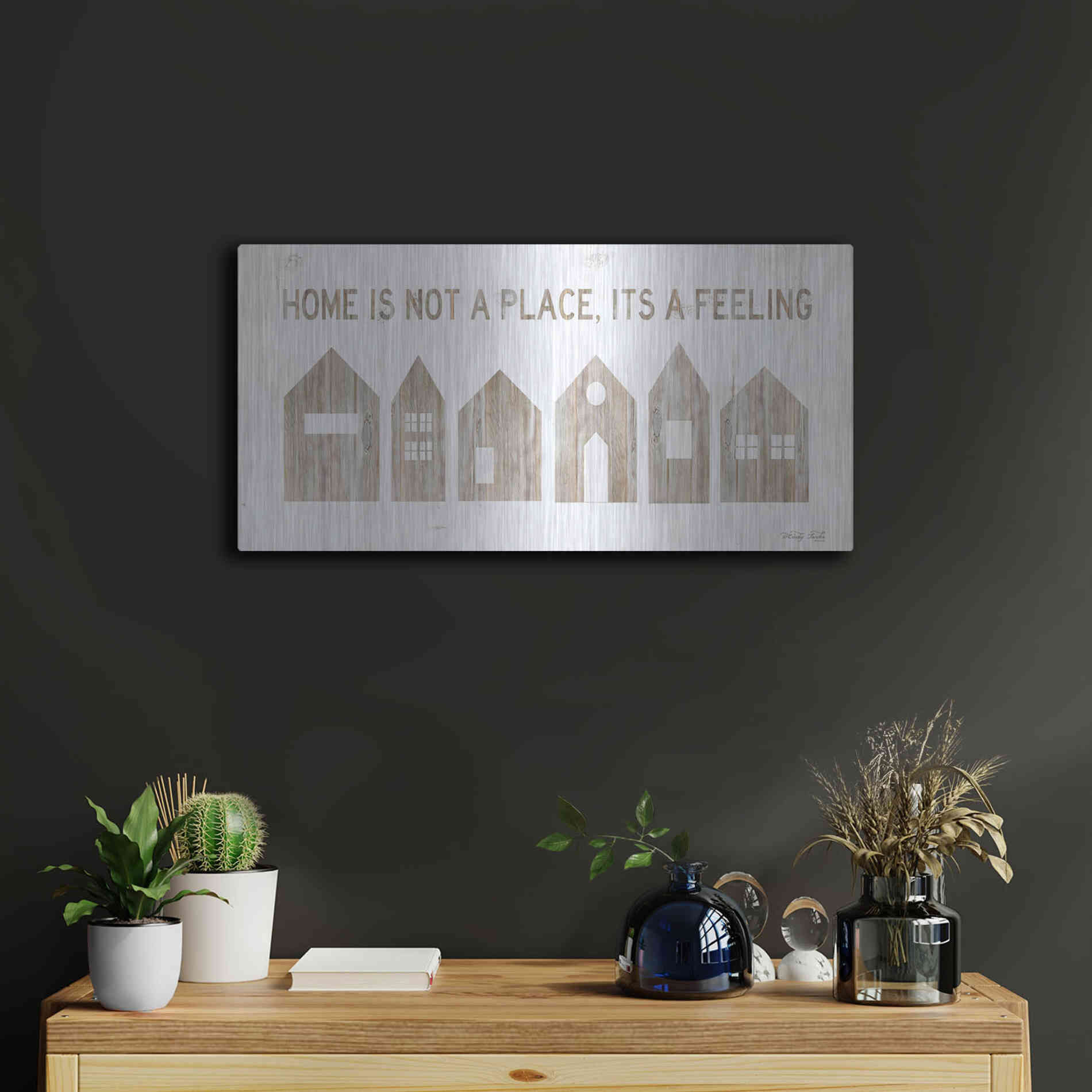 Luxe Metal Art 'Home is Not a Place' by Cindy Jacobs, Metal Wall Art,24x12