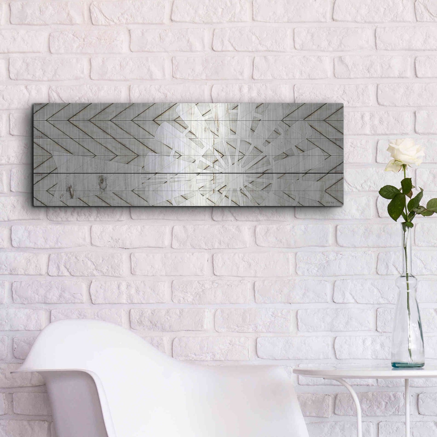 Luxe Metal Art 'Windmill on Wood Slats' by Cindy Jacobs, Metal Wall Art,36x12