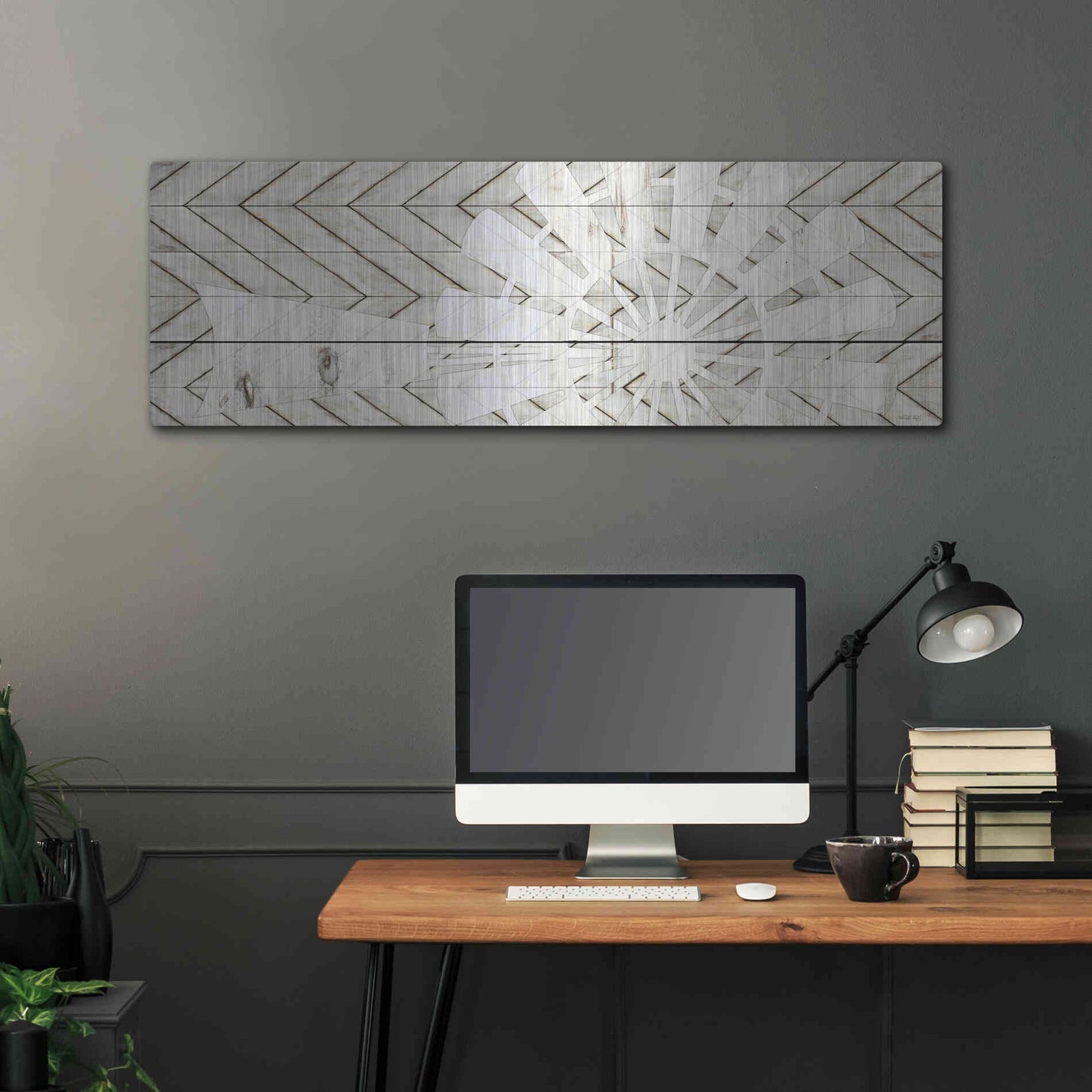 Luxe Metal Art 'Windmill on Wood Slats' by Cindy Jacobs, Metal Wall Art,48x16