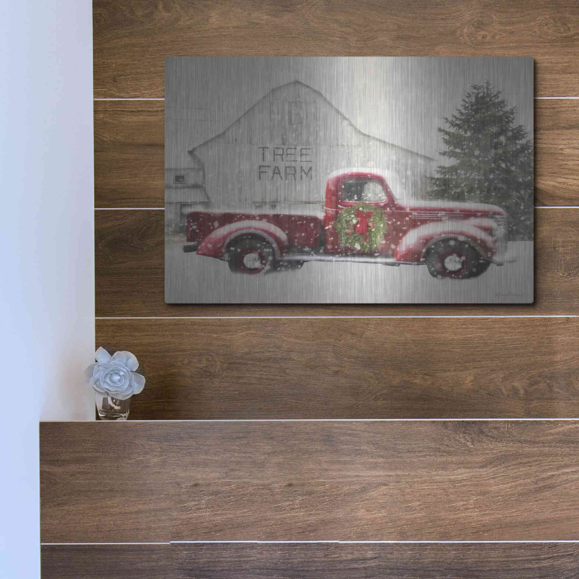 Luxe Metal Art 'Tree Farm With Truck' by Lori Deiter, Metal Wall Art,16x12