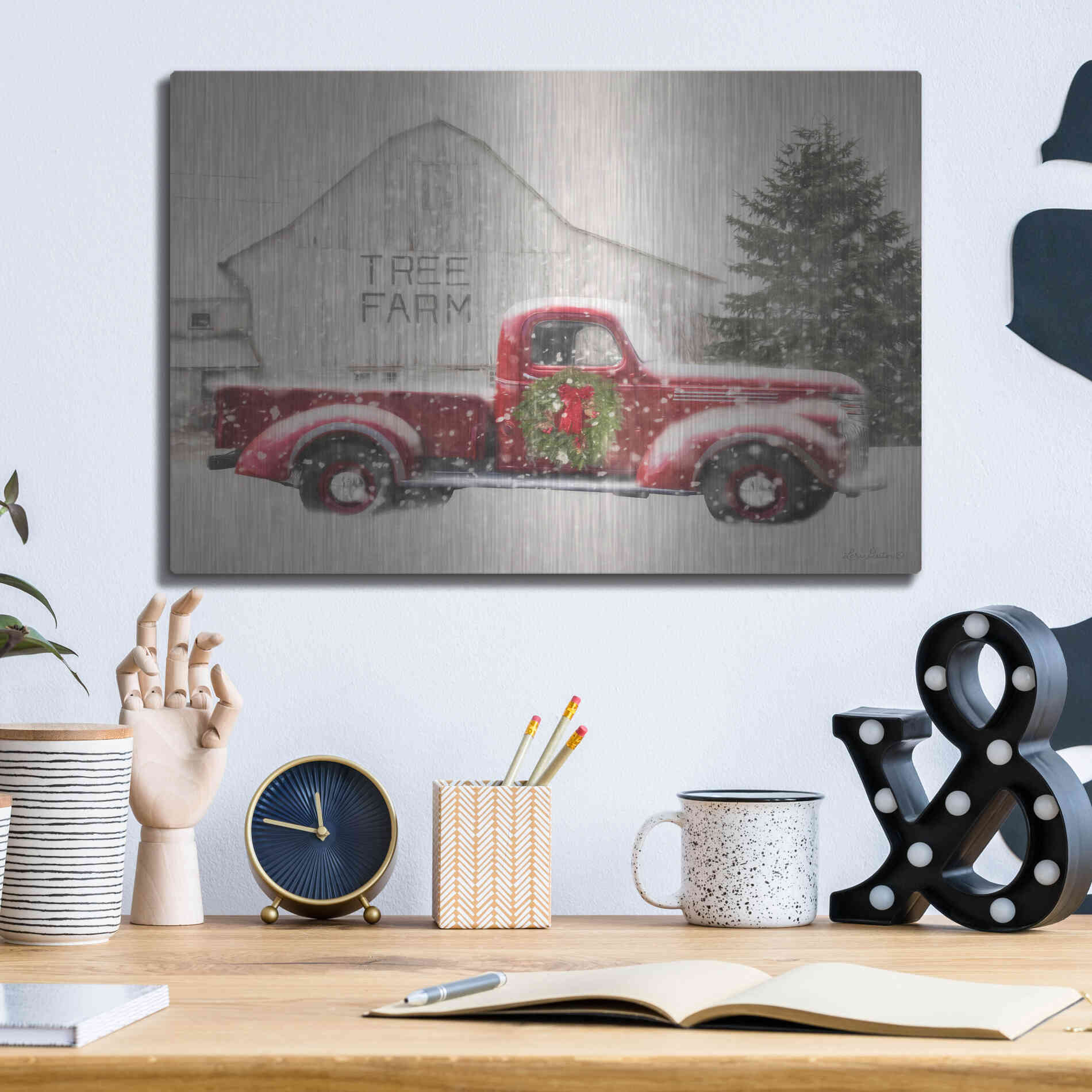 Luxe Metal Art 'Tree Farm With Truck' by Lori Deiter, Metal Wall Art,16x12