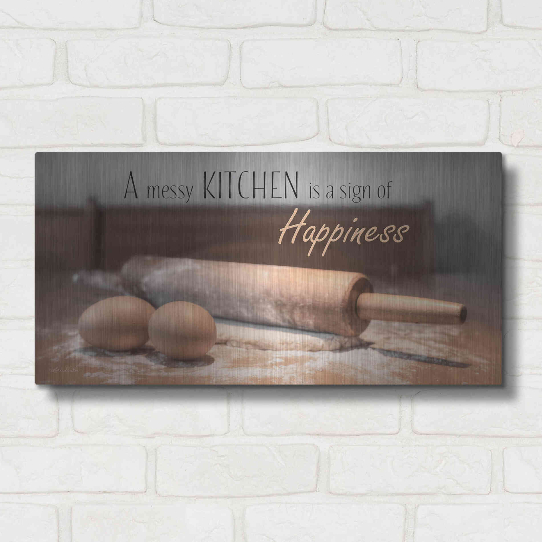 Luxe Metal Art 'A Messy Kitchen is a Sign of Happiness' by Lori Deiter, Metal Wall Art,24x12