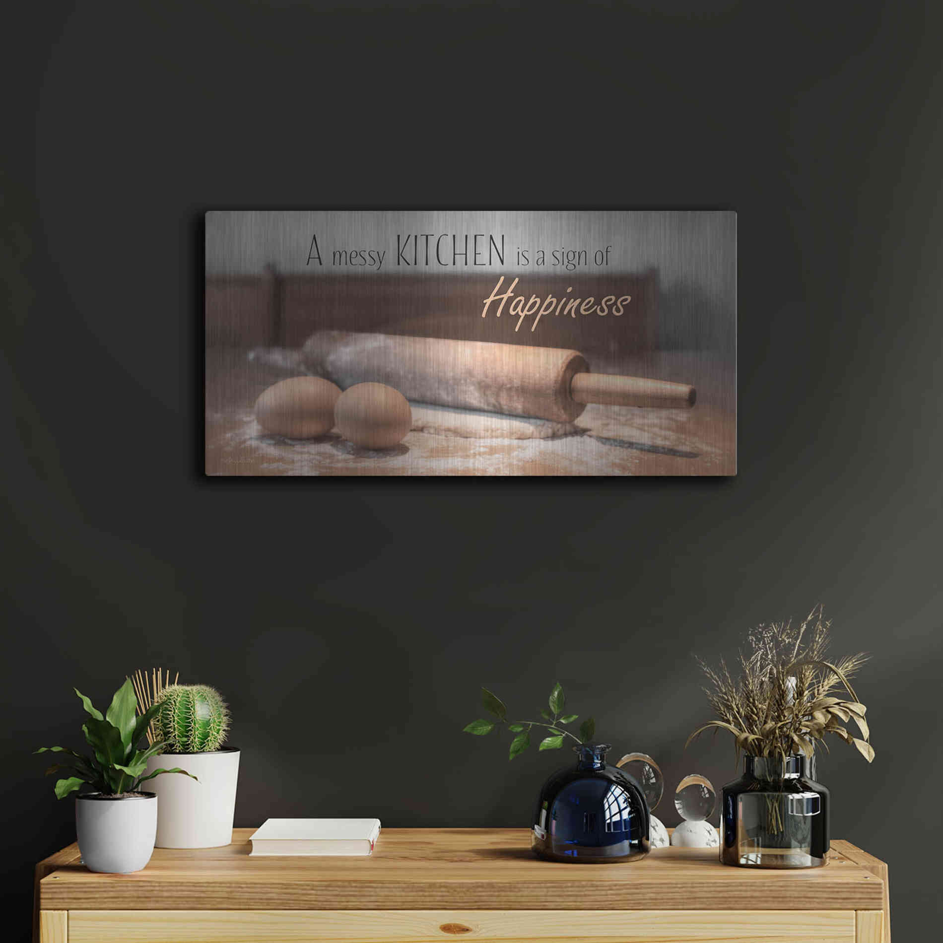 Luxe Metal Art 'A Messy Kitchen is a Sign of Happiness' by Lori Deiter, Metal Wall Art,24x12