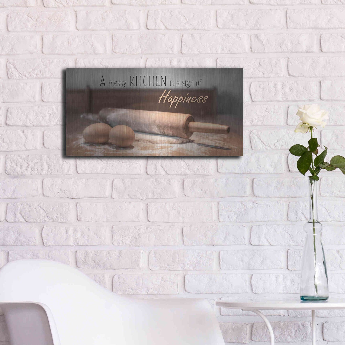 Luxe Metal Art 'A Messy Kitchen is a Sign of Happiness' by Lori Deiter, Metal Wall Art,24x12