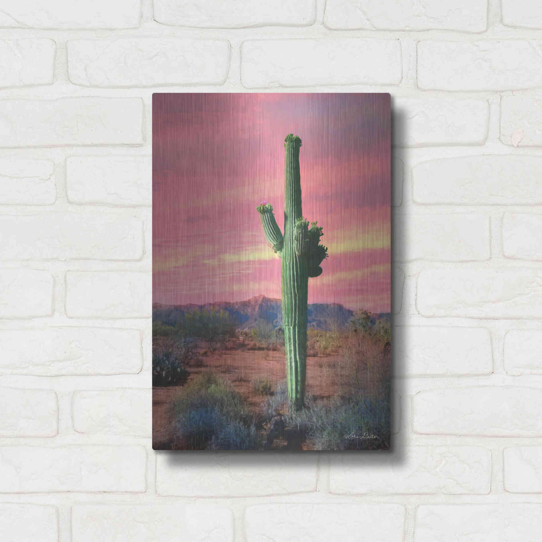 Luxe Metal Art 'Vibrant Cactus Sunset' by Lori Deiter, Metal Wall Art,12x16