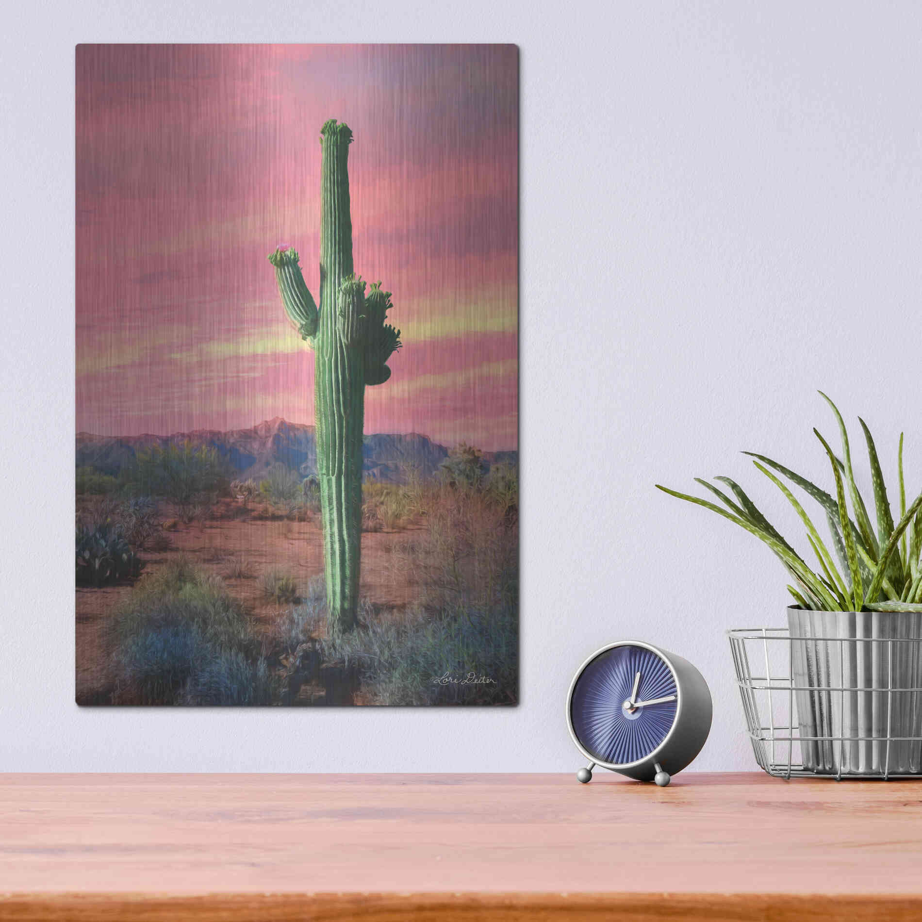 Luxe Metal Art 'Vibrant Cactus Sunset' by Lori Deiter, Metal Wall Art,12x16