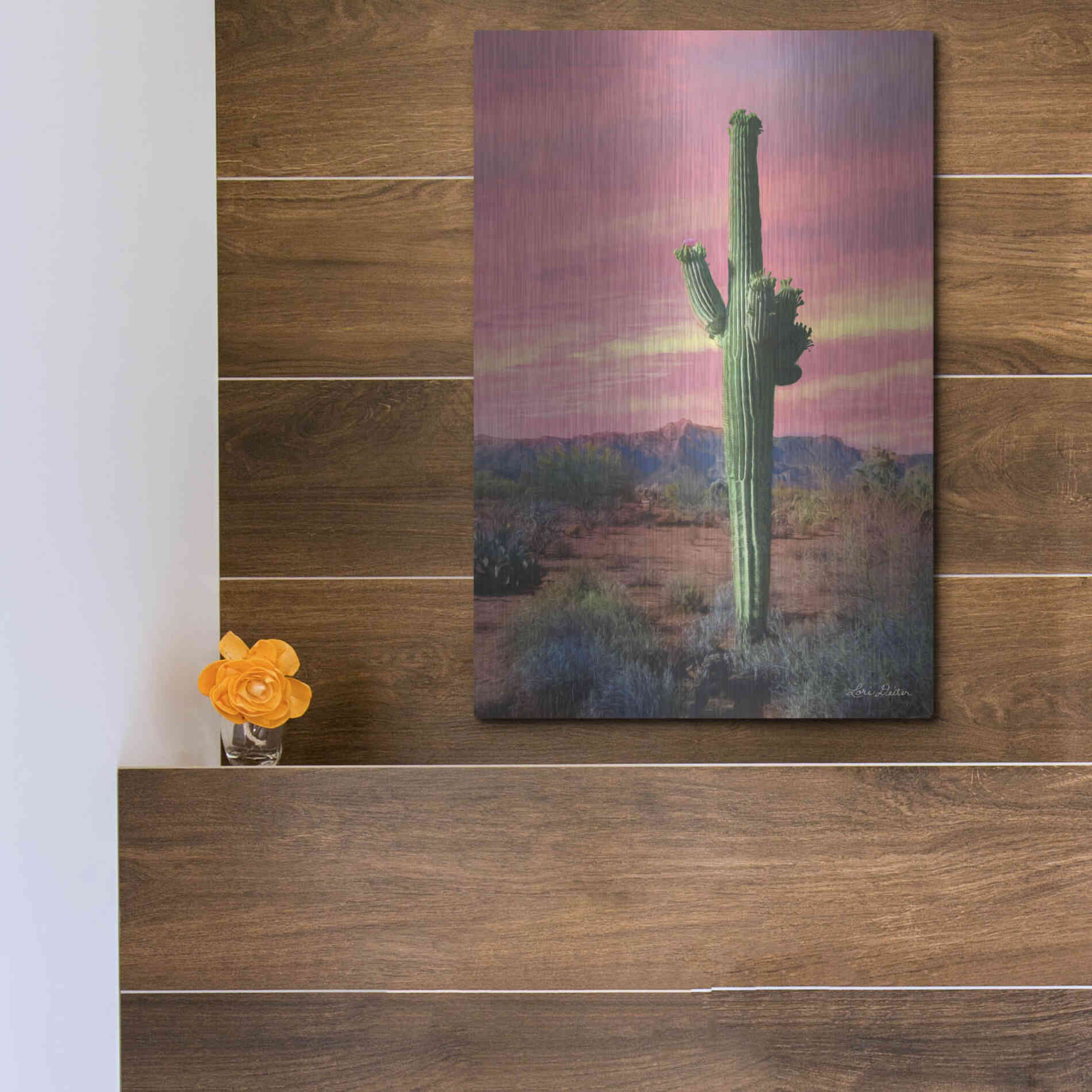 Luxe Metal Art 'Vibrant Cactus Sunset' by Lori Deiter, Metal Wall Art,12x16