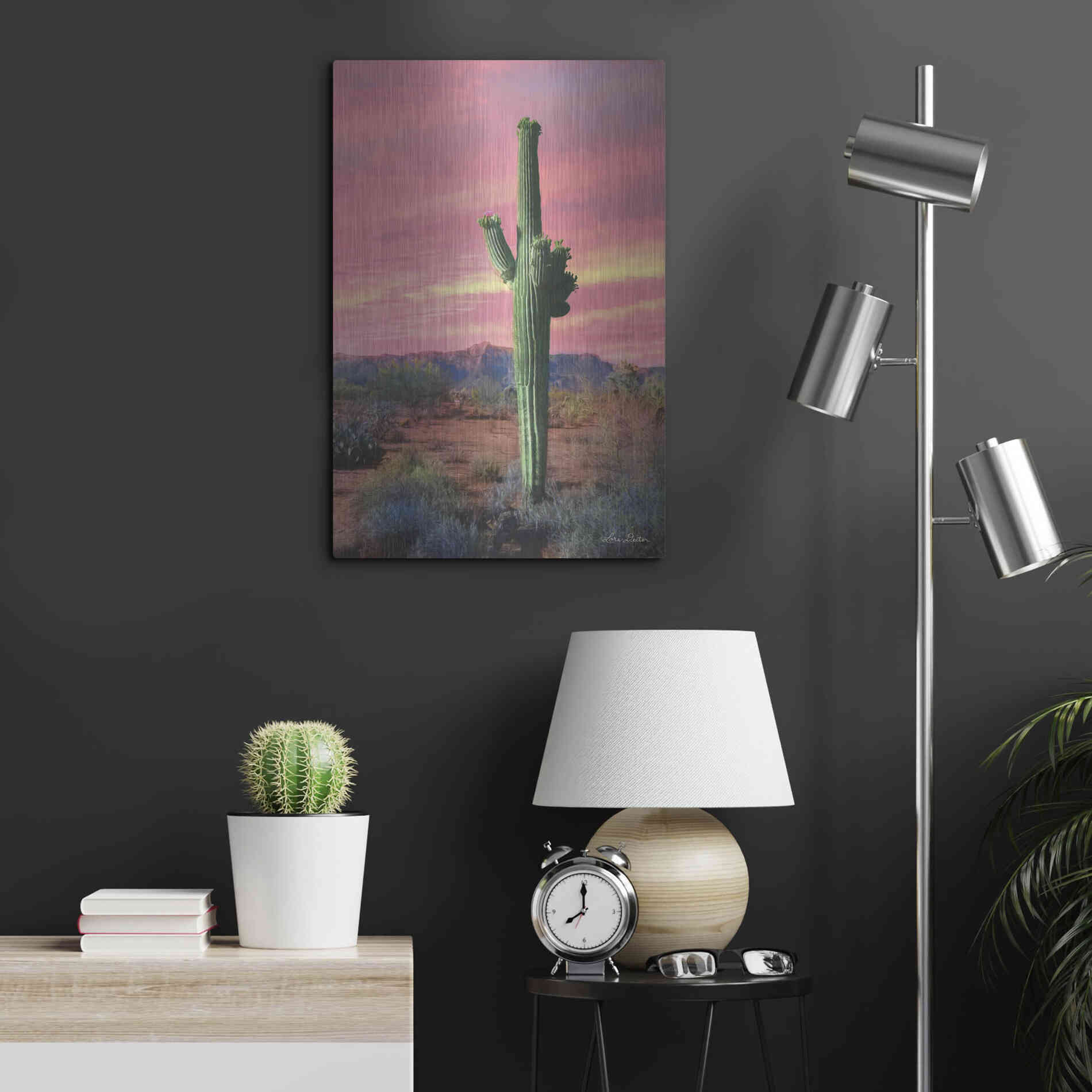 Luxe Metal Art 'Vibrant Cactus Sunset' by Lori Deiter, Metal Wall Art,16x24