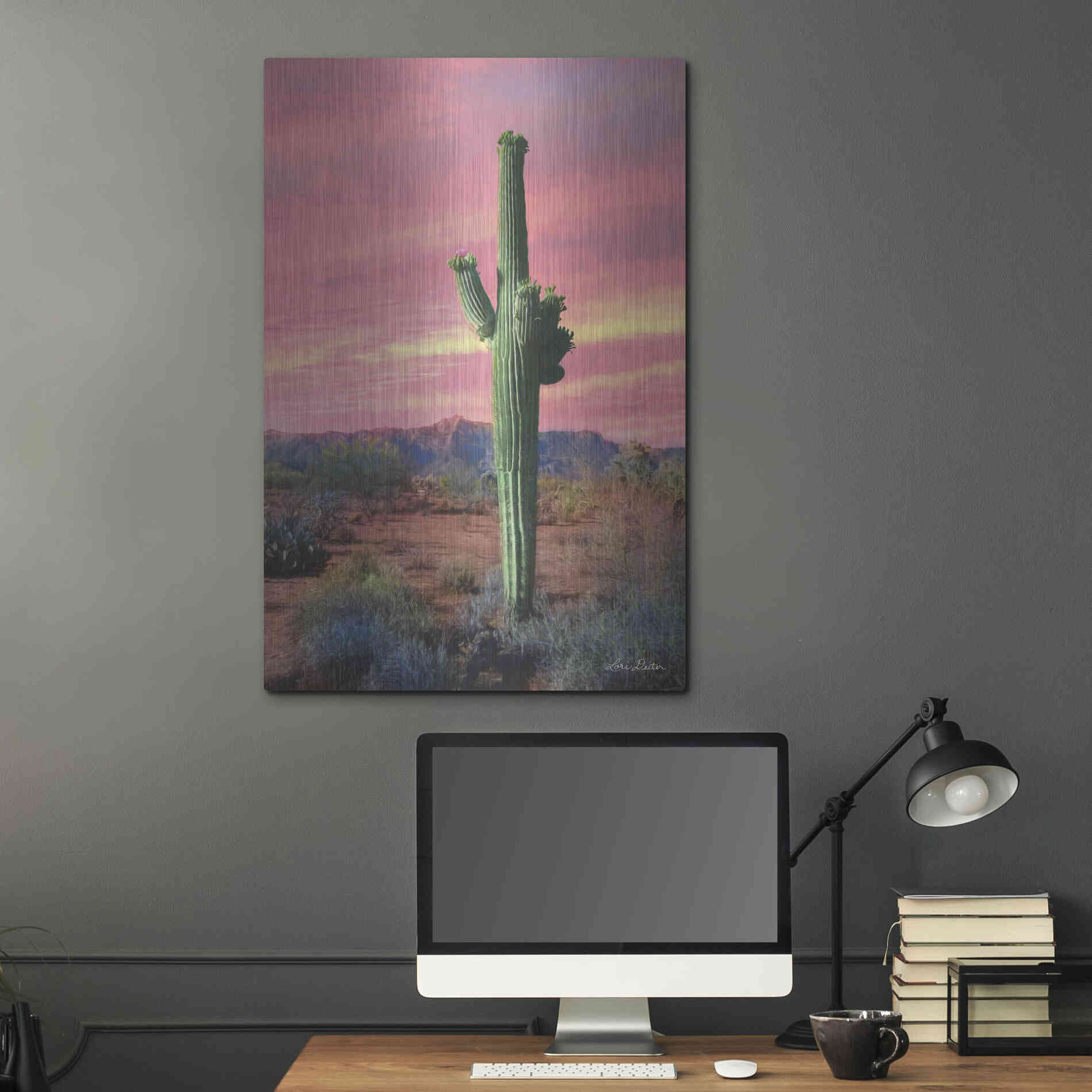 Luxe Metal Art 'Vibrant Cactus Sunset' by Lori Deiter, Metal Wall Art,24x36