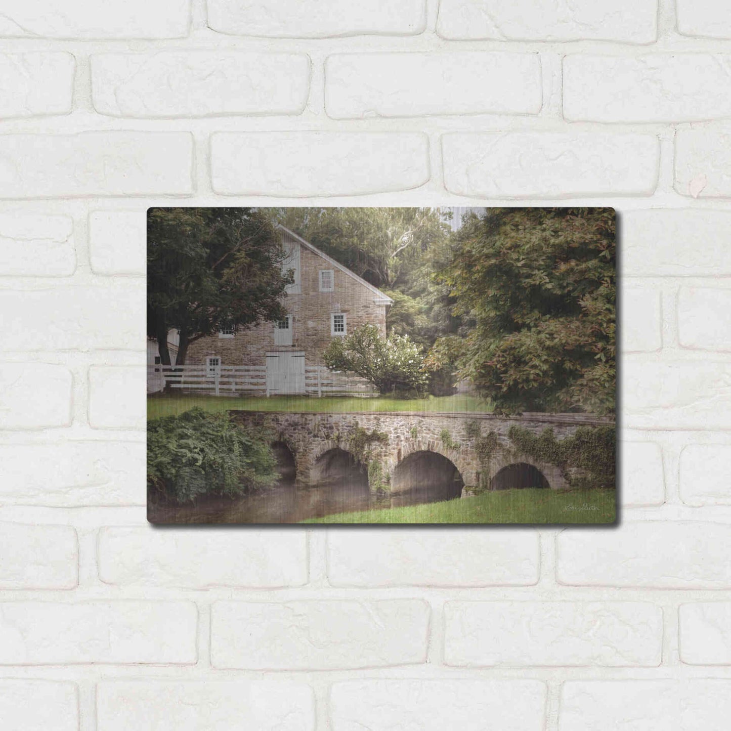 Luxe Metal Art 'Old Stone Barn and Bridge' by Lori Deiter, Metal Wall Art,16x12