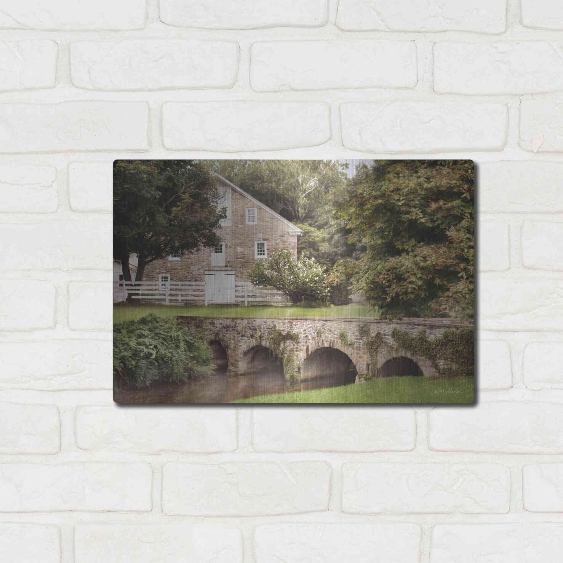 Luxe Metal Art 'Old Stone Barn and Bridge' by Lori Deiter, Metal Wall Art,16x12