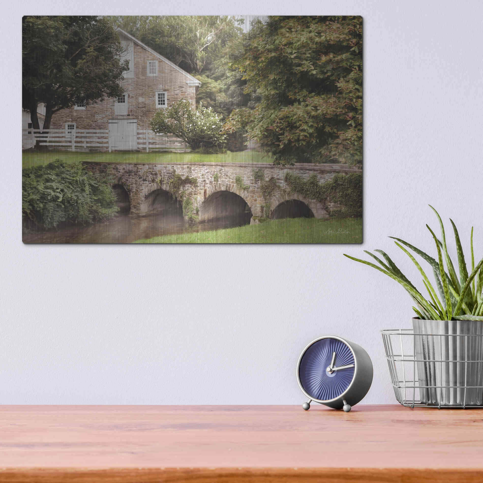 Luxe Metal Art 'Old Stone Barn and Bridge' by Lori Deiter, Metal Wall Art,16x12