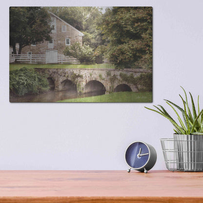 Luxe Metal Art 'Old Stone Barn and Bridge' by Lori Deiter, Metal Wall Art,16x12
