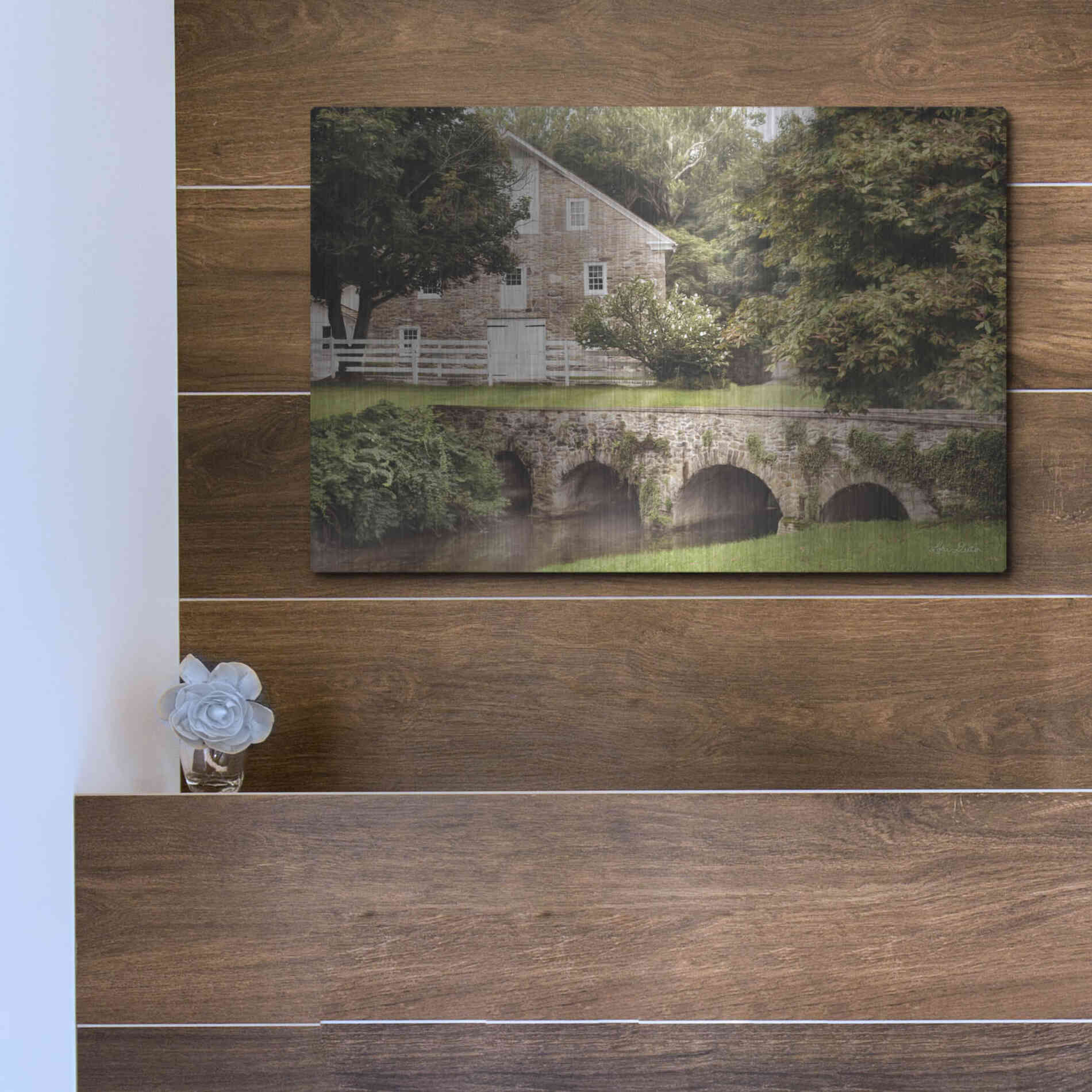 Luxe Metal Art 'Old Stone Barn and Bridge' by Lori Deiter, Metal Wall Art,16x12