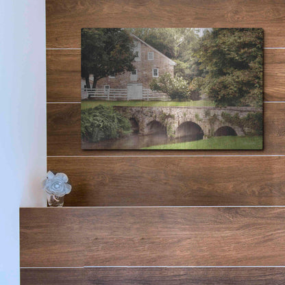 Luxe Metal Art 'Old Stone Barn and Bridge' by Lori Deiter, Metal Wall Art,16x12