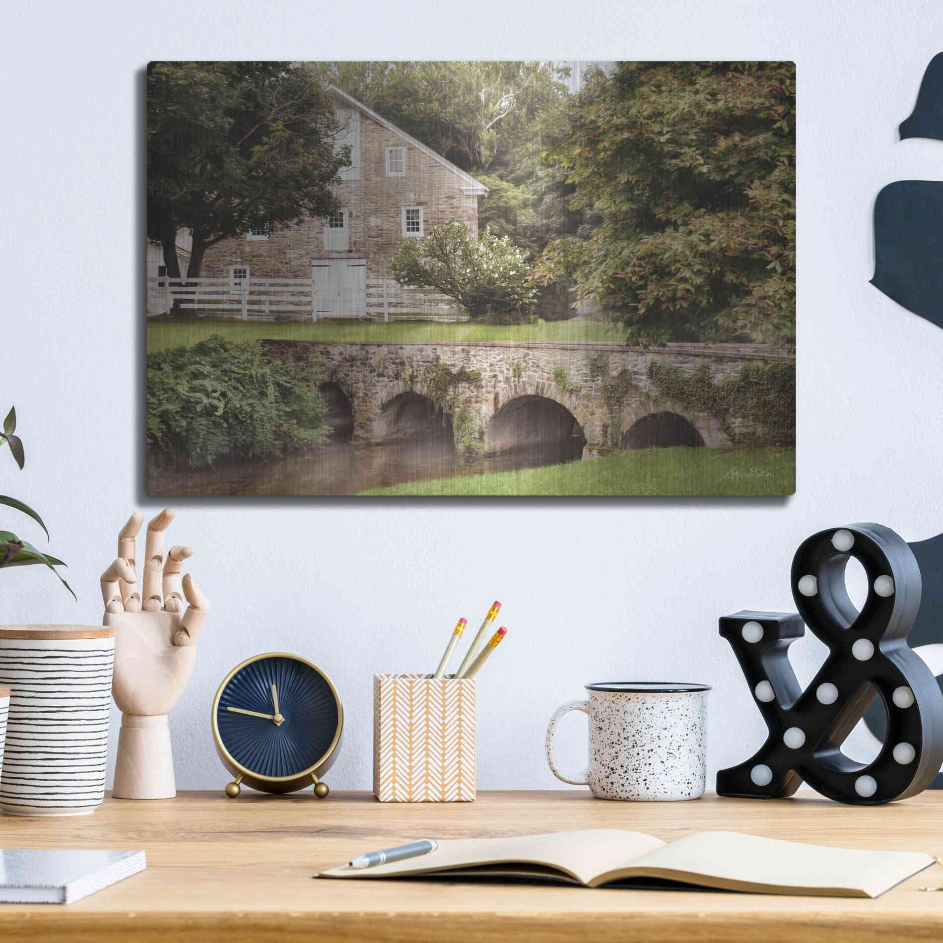 Luxe Metal Art 'Old Stone Barn and Bridge' by Lori Deiter, Metal Wall Art,16x12