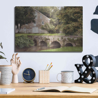 Luxe Metal Art 'Old Stone Barn and Bridge' by Lori Deiter, Metal Wall Art,16x12