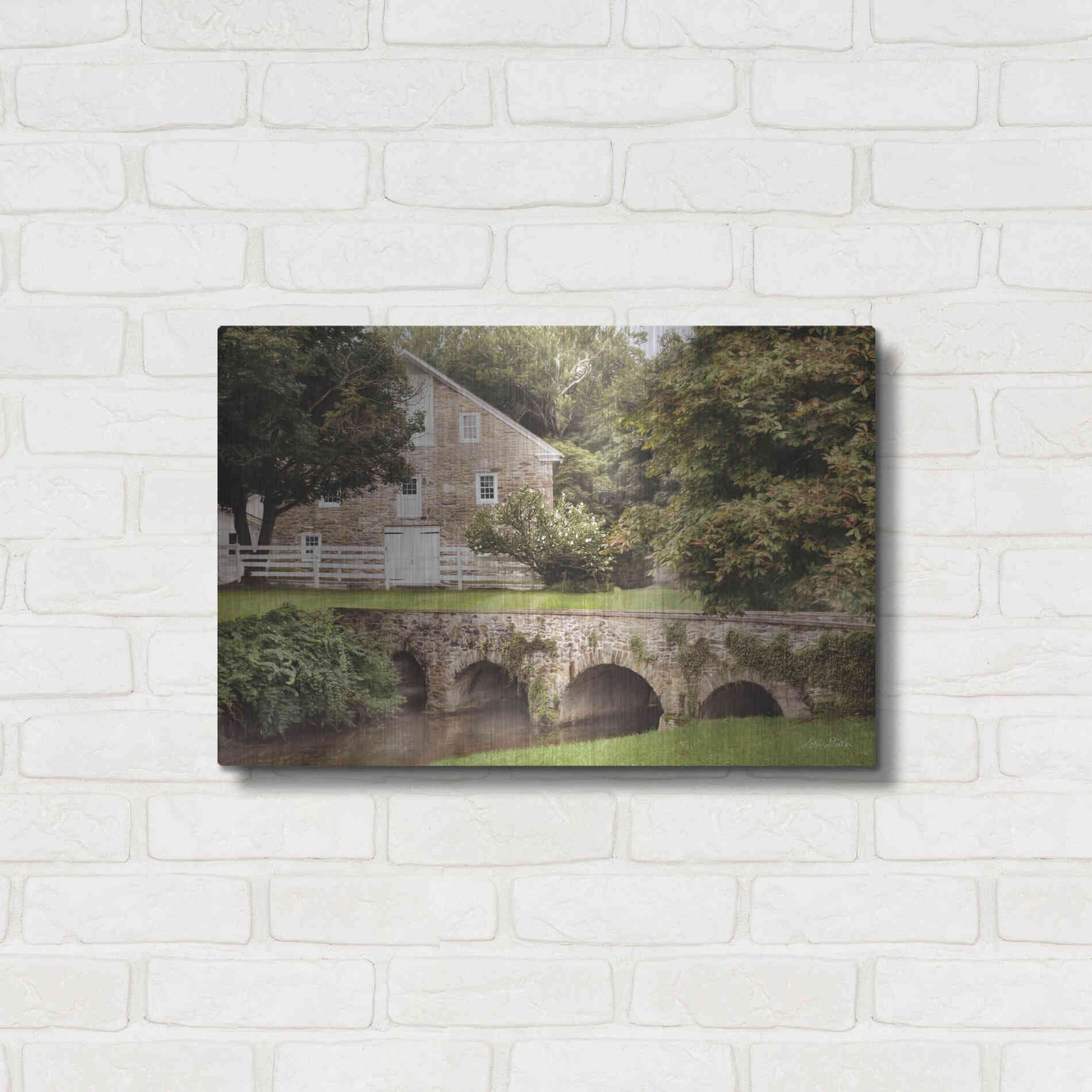 Luxe Metal Art 'Old Stone Barn and Bridge' by Lori Deiter, Metal Wall Art,24x16
