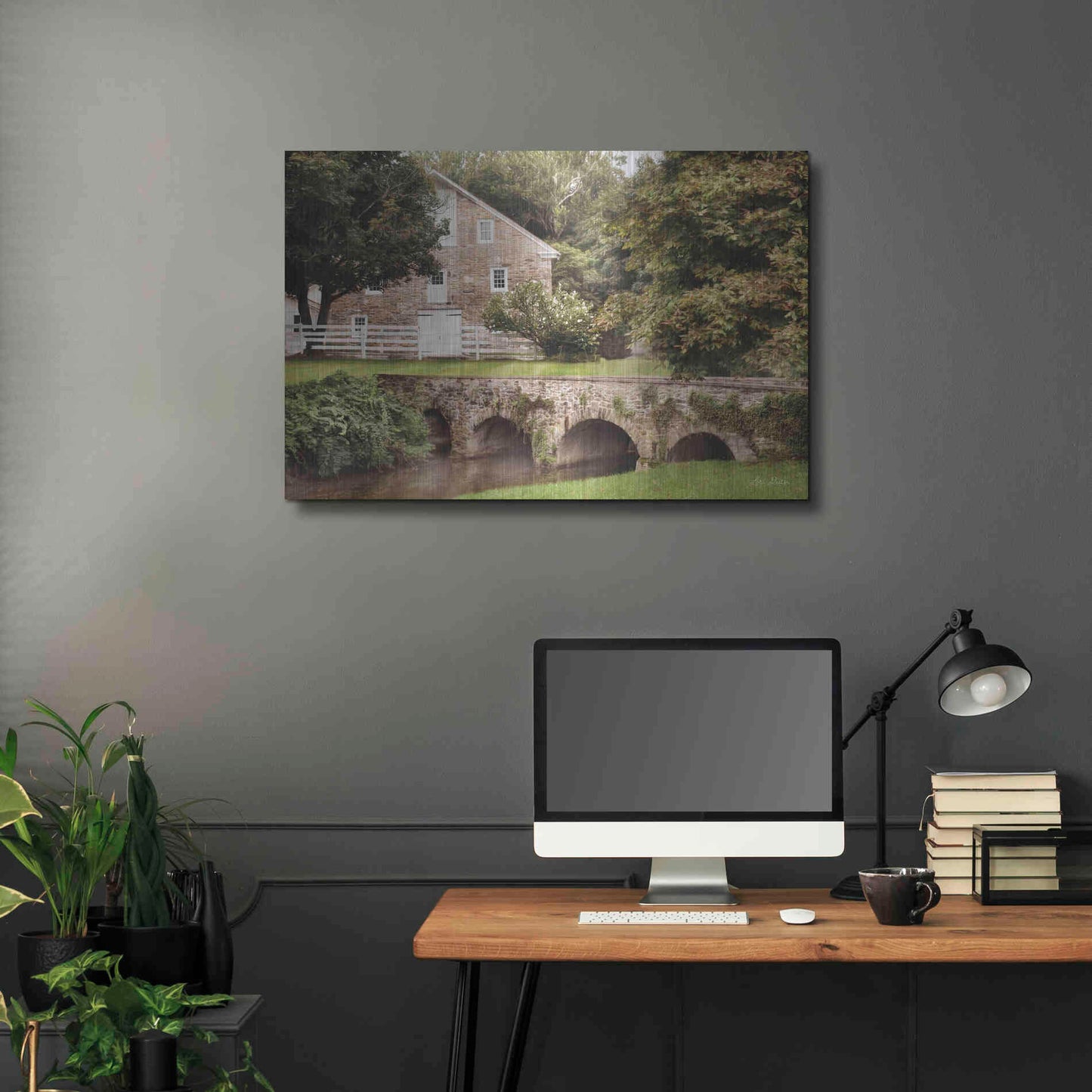 Luxe Metal Art 'Old Stone Barn and Bridge' by Lori Deiter, Metal Wall Art,36x24