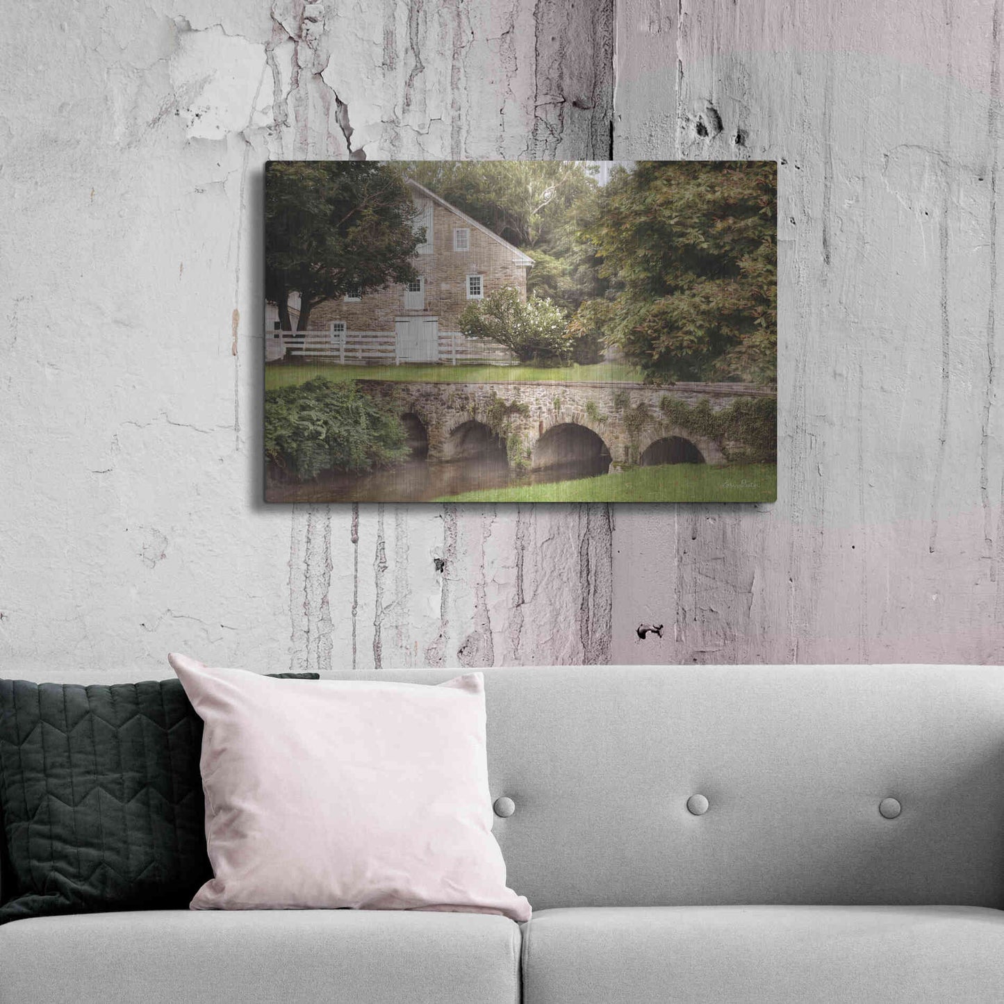Luxe Metal Art 'Old Stone Barn and Bridge' by Lori Deiter, Metal Wall Art,36x24