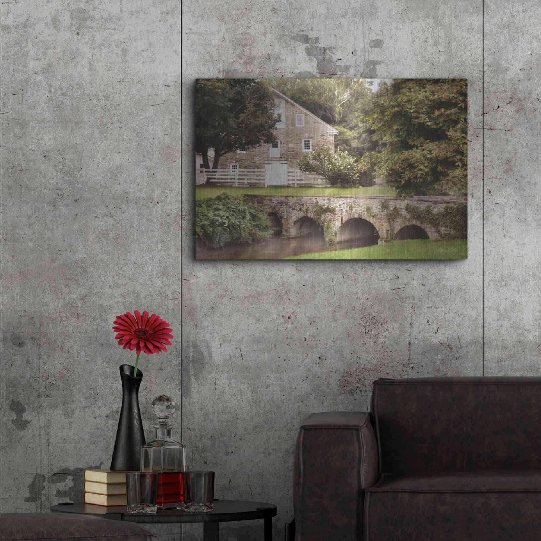 Luxe Metal Art 'Old Stone Barn and Bridge' by Lori Deiter, Metal Wall Art,36x24