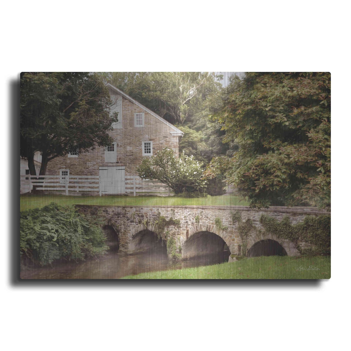 Luxe Metal Art 'Old Stone Barn and Bridge' by Lori Deiter, Metal Wall Art