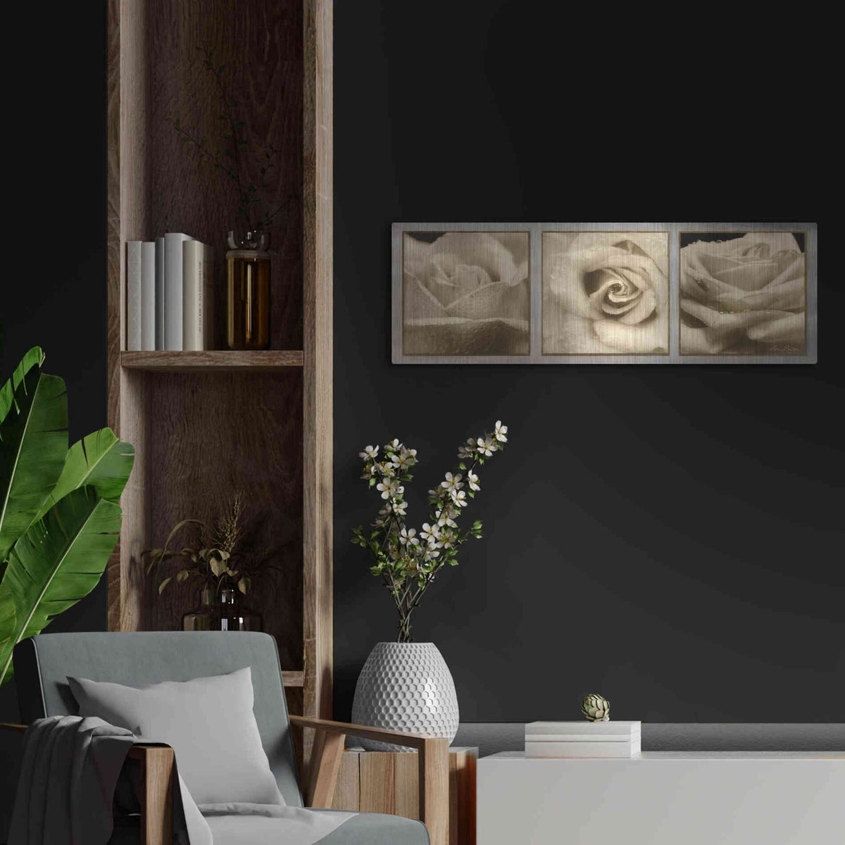 Luxe Metal Art 'Rose Trio' by Lori Deiter, Metal Wall Art,36x12
