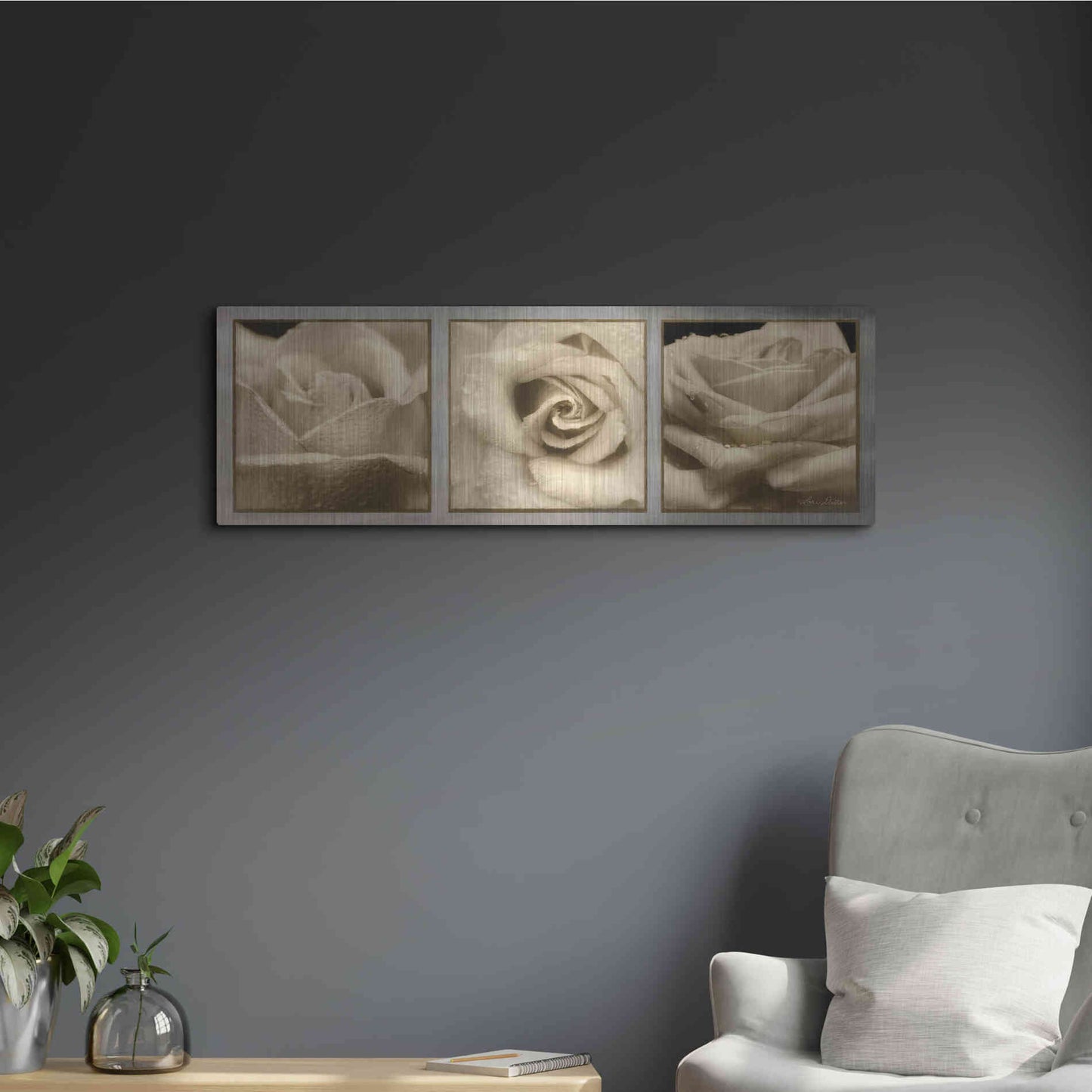 Luxe Metal Art 'Rose Trio' by Lori Deiter, Metal Wall Art,36x12