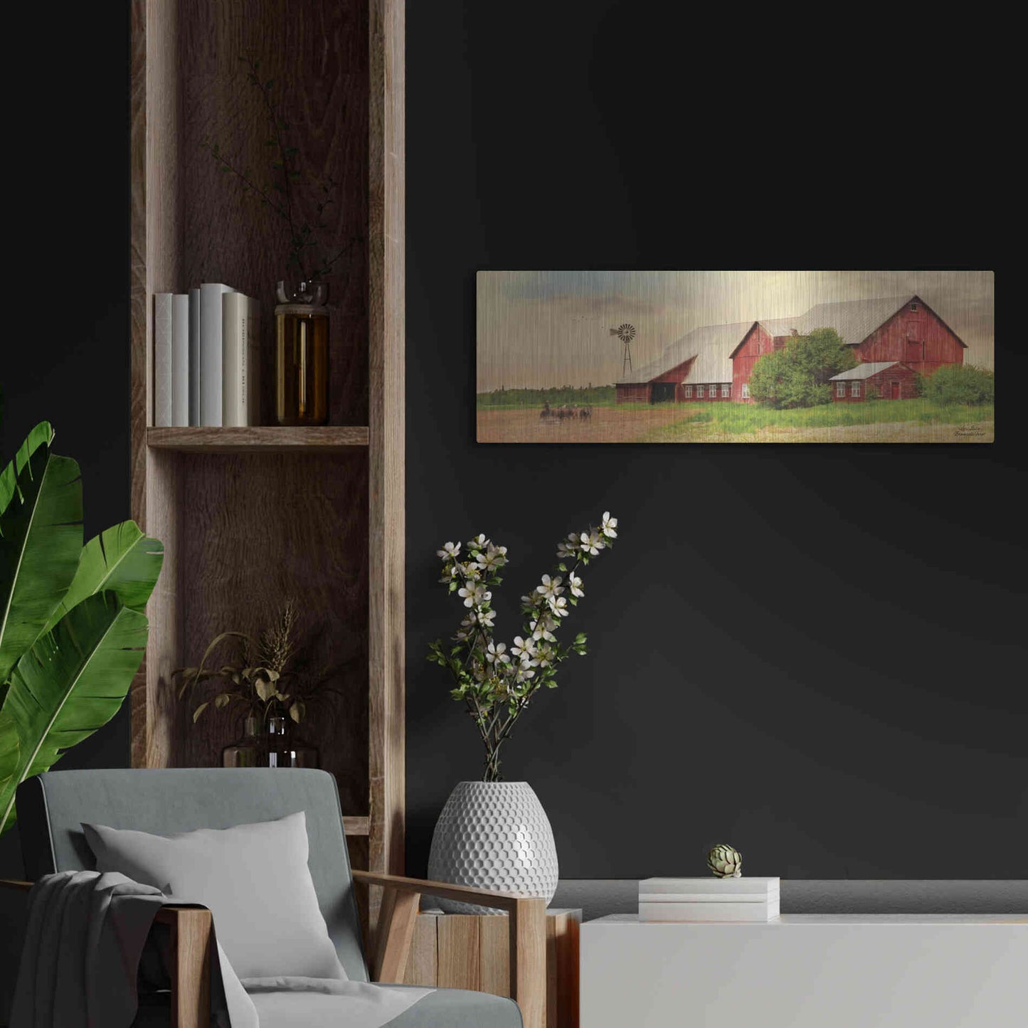Luxe Metal Art 'Brownsville Farm' by Lori Deiter, Metal Wall Art,36x12