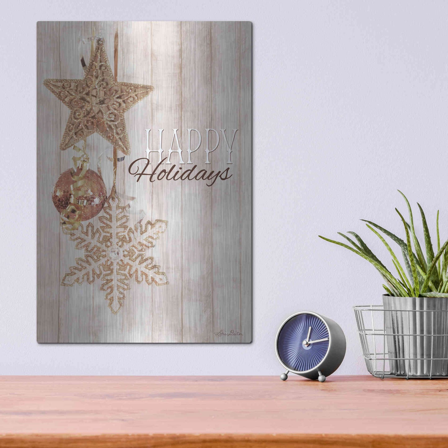 Luxe Metal Art 'Gold Sparkle Happy Holidays' by Lori Deiter, Metal Wall Art,12x16
