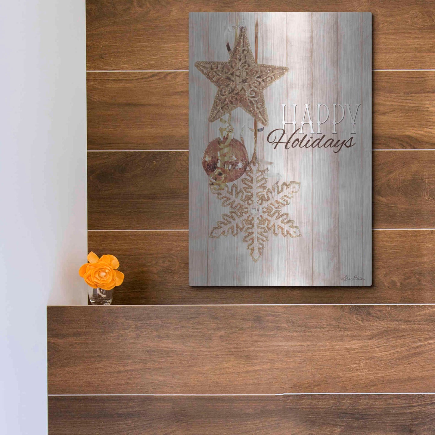 Luxe Metal Art 'Gold Sparkle Happy Holidays' by Lori Deiter, Metal Wall Art,12x16