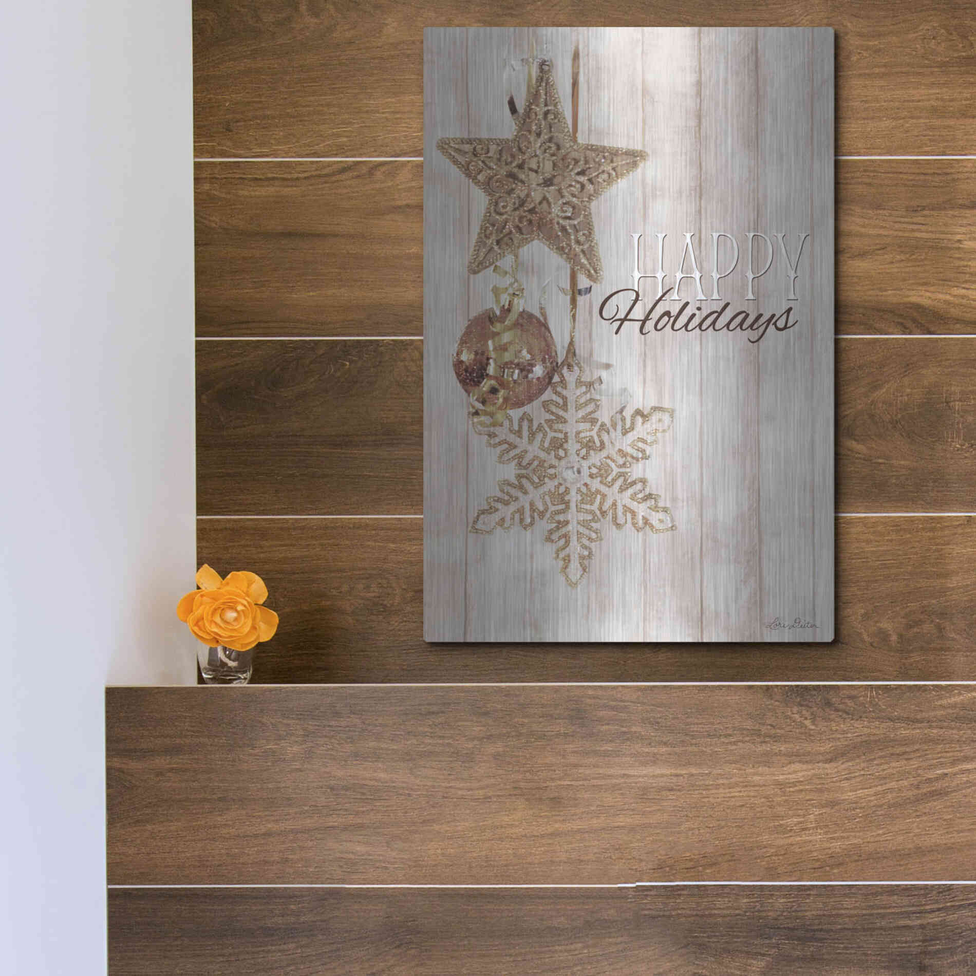 Luxe Metal Art 'Gold Sparkle Happy Holidays' by Lori Deiter, Metal Wall Art,12x16