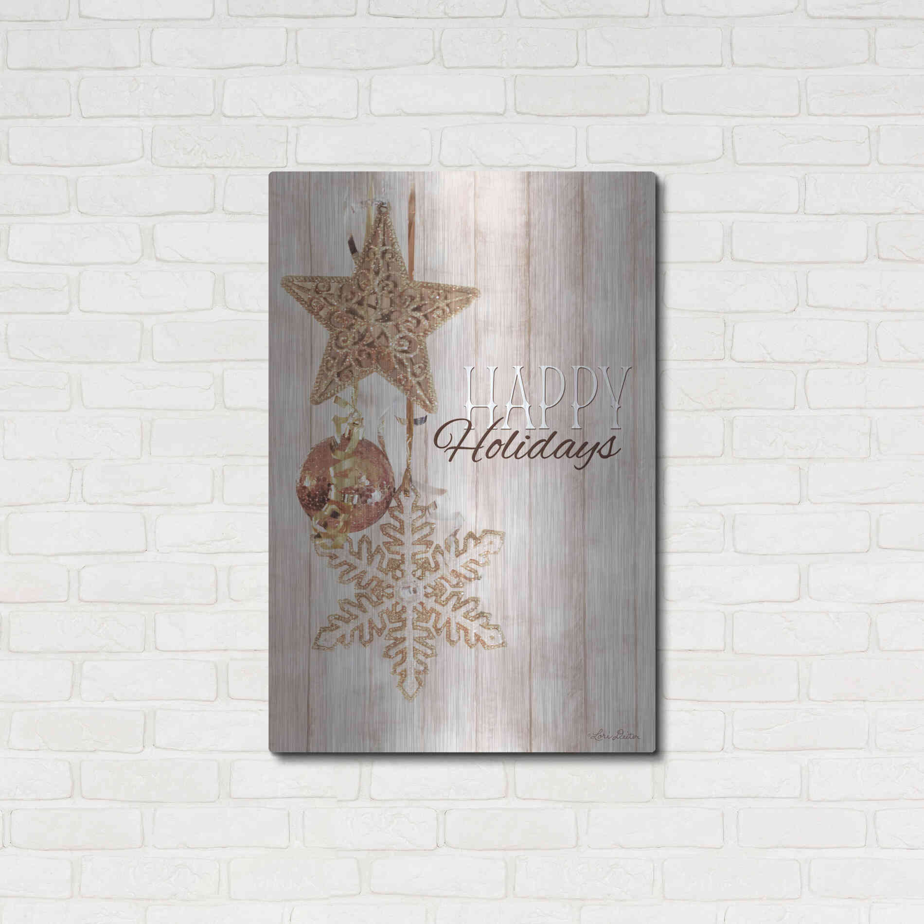 Luxe Metal Art 'Gold Sparkle Happy Holidays' by Lori Deiter, Metal Wall Art,24x36
